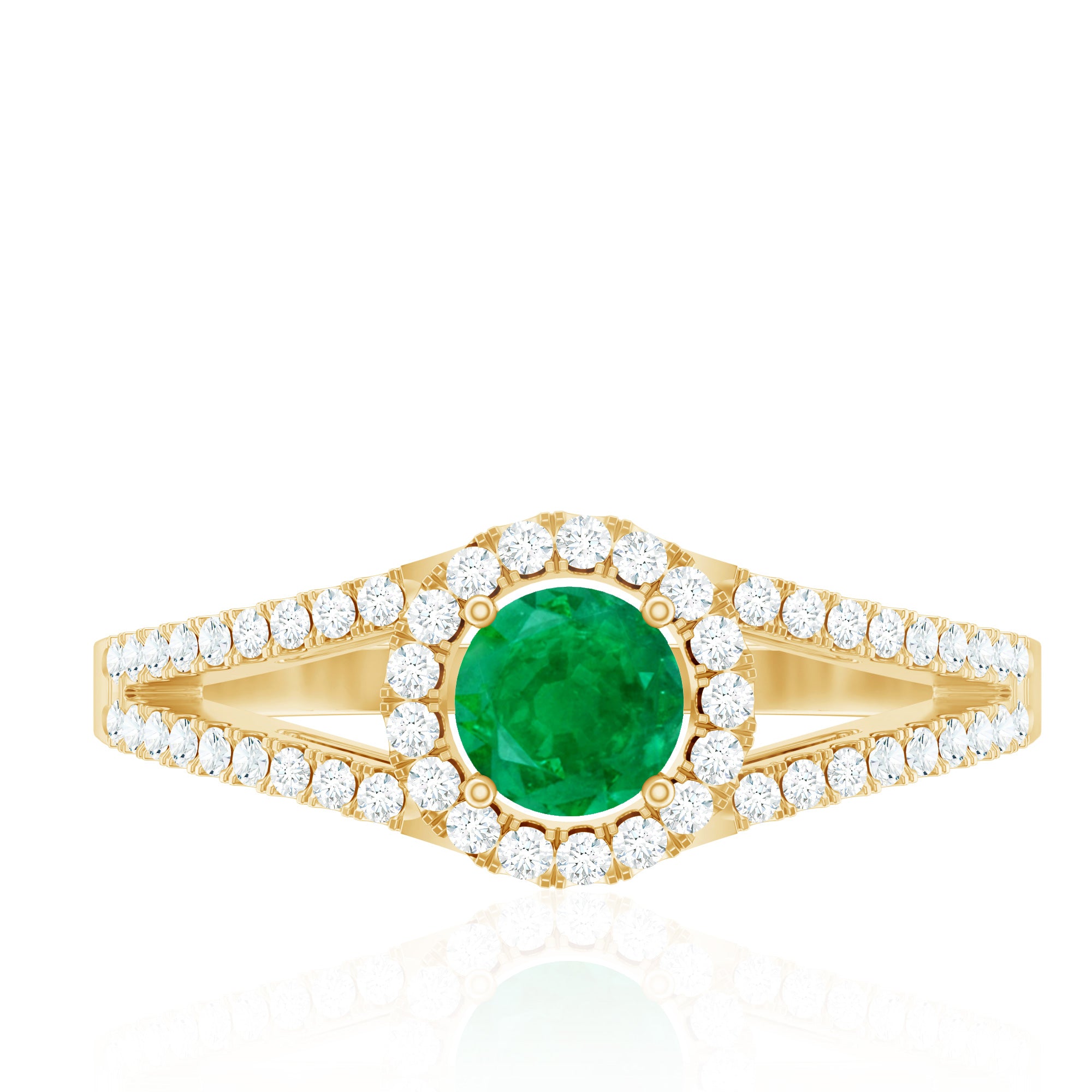 Classic Emerald Split Shank Engagement Ring with Diamond Halo AAA - Rosec Jewels