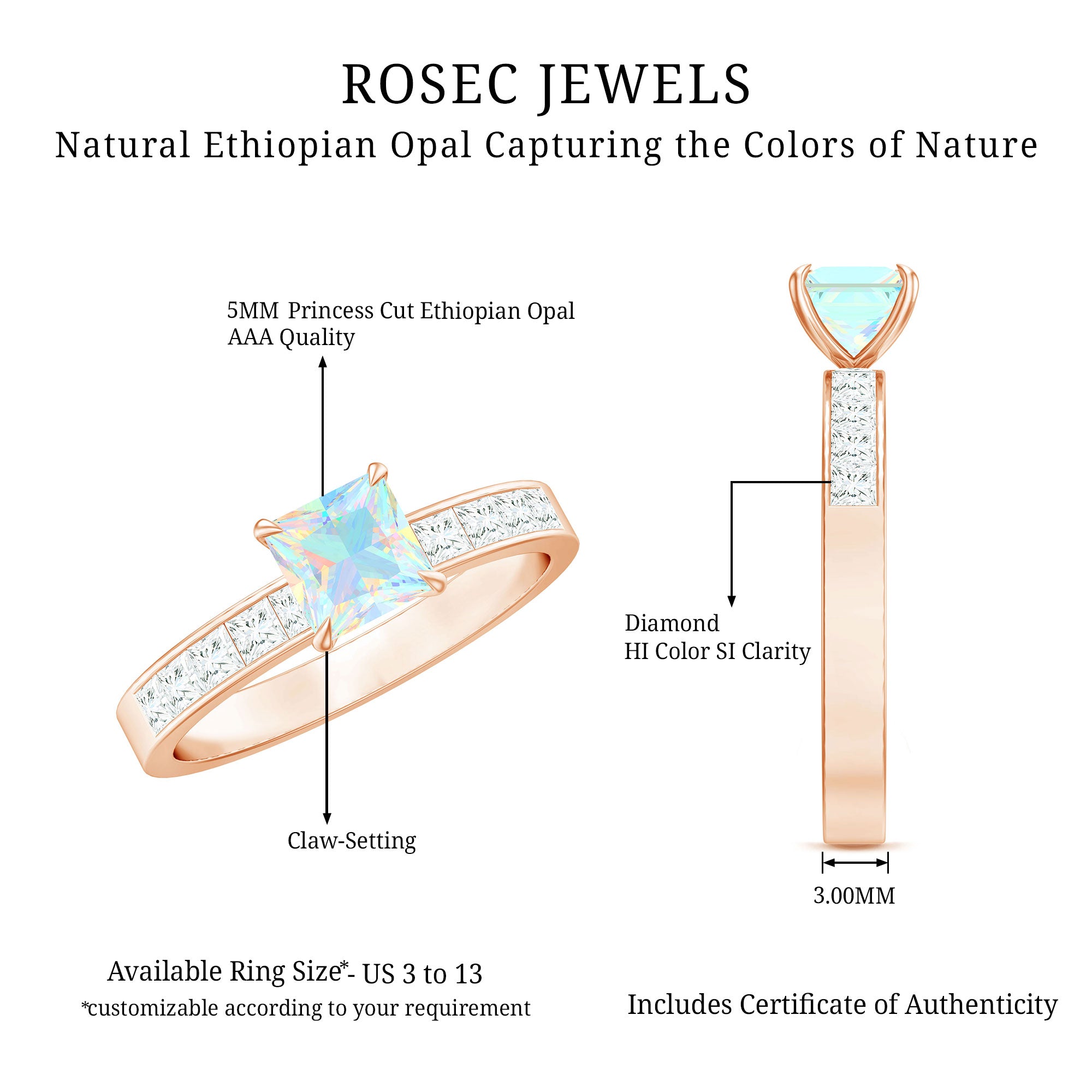 Certified Real Ethiopian Opal Princess Cut Engagement Ring with Diamond AAA - Rosec Jewels