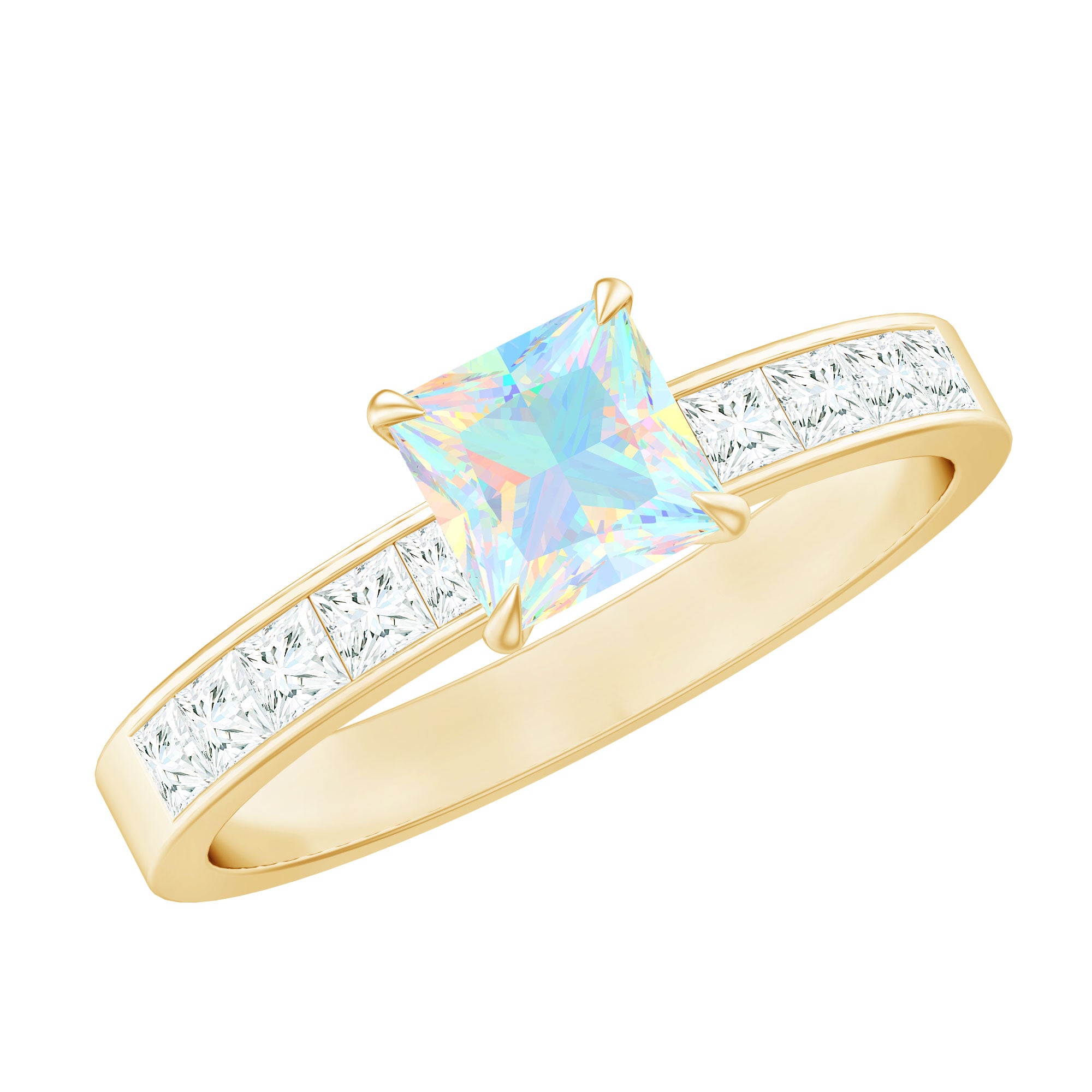 Certified Real Ethiopian Opal Princess Cut Engagement Ring with Diamond AAA - Rosec Jewels