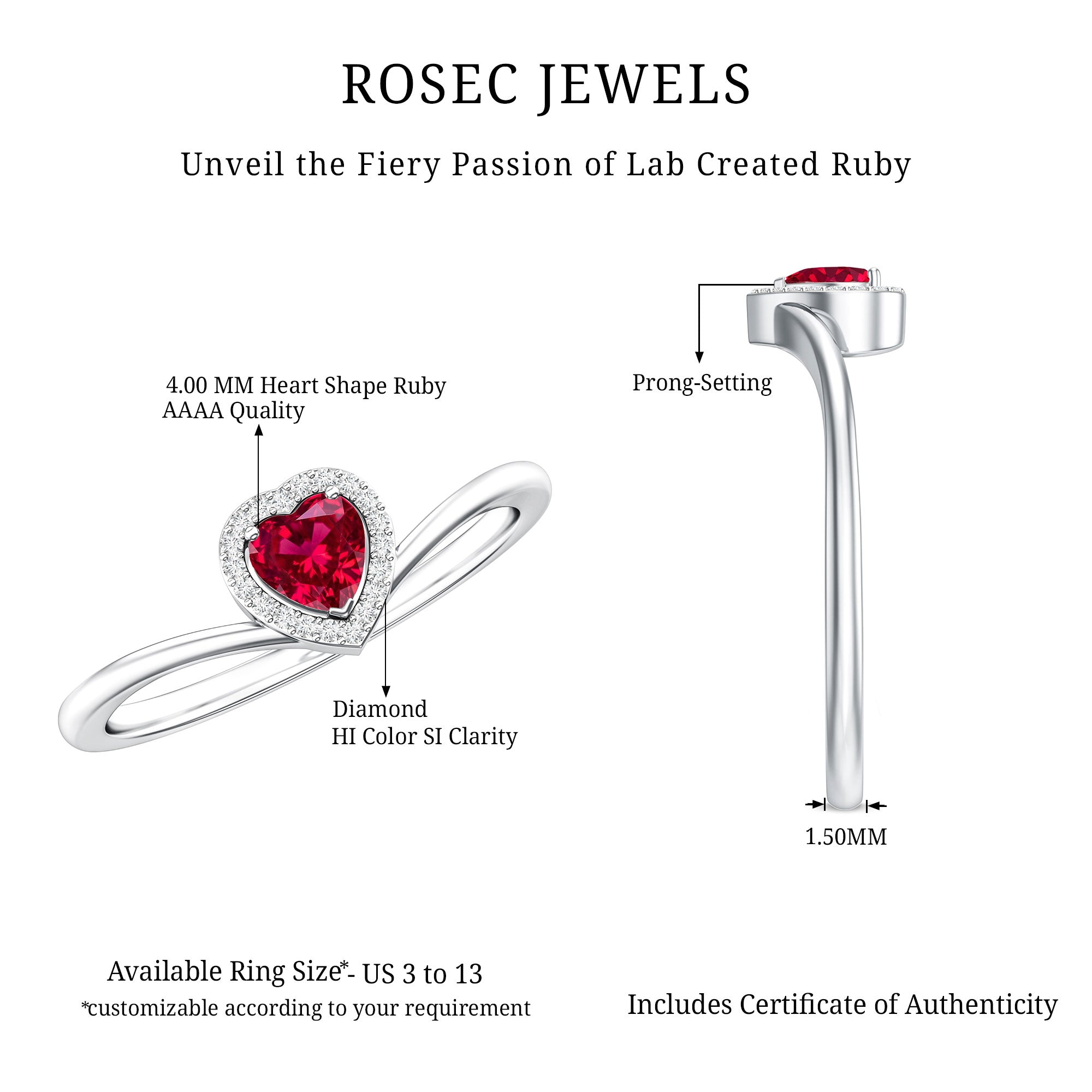 Lab Grown Ruby Heart Promise Ring with Diamond Halo AAAA - Rosec Jewels