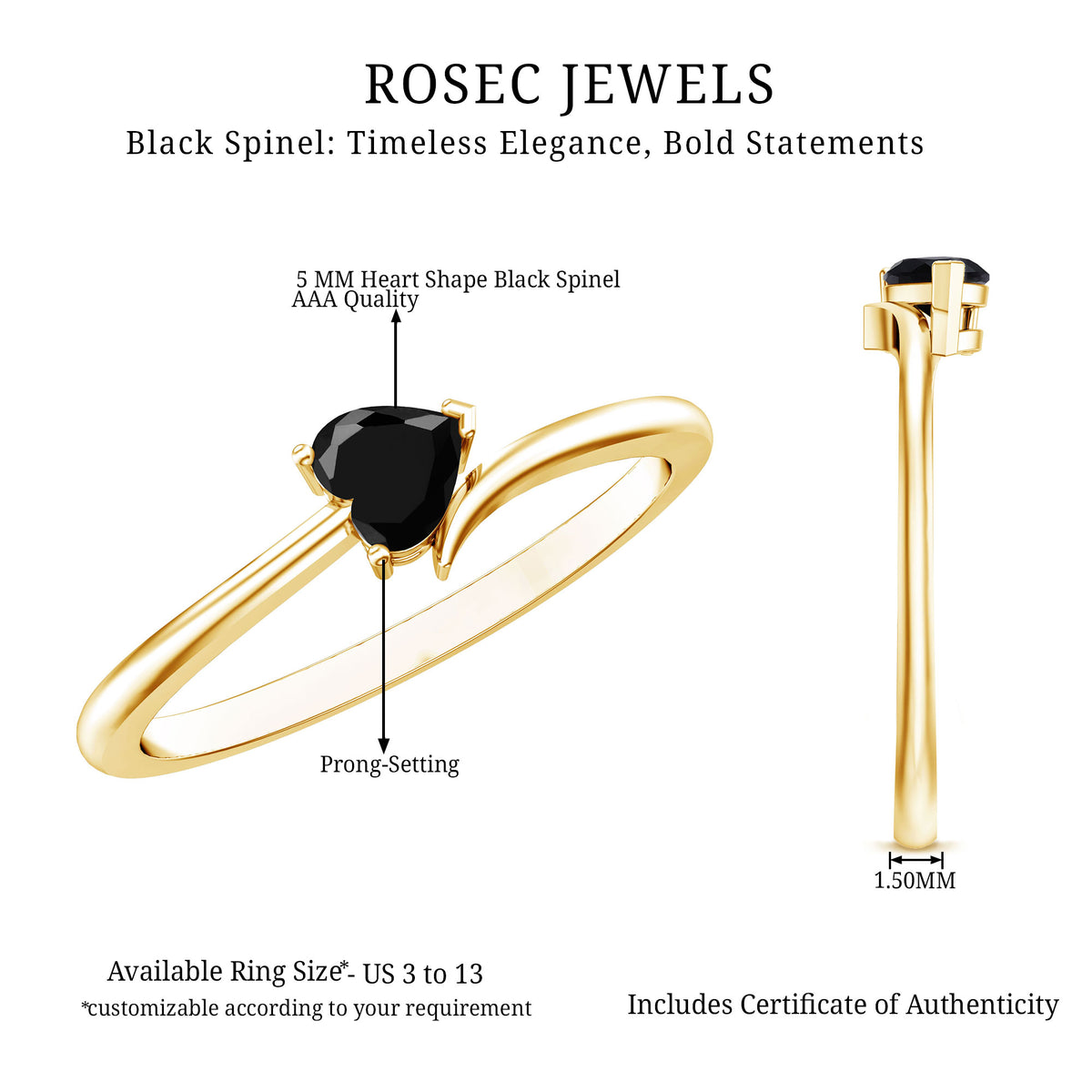 Natural Black Spinel Heart Promise Ring in East West Style AAA - Rosec Jewels