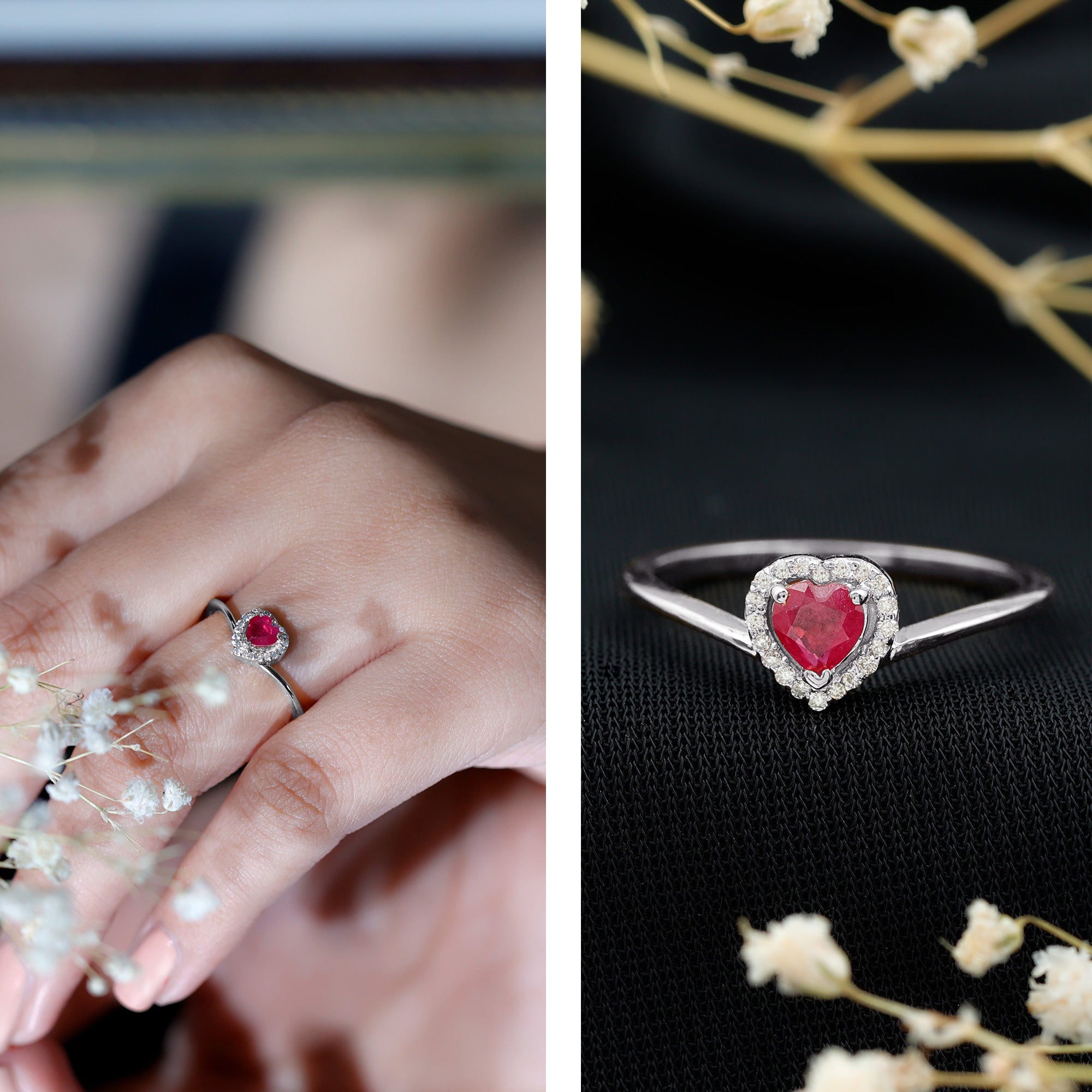 Genuine Half Carat Ruby Heart Promise Ring with Diamond Halo AAA - Rosec Jewels