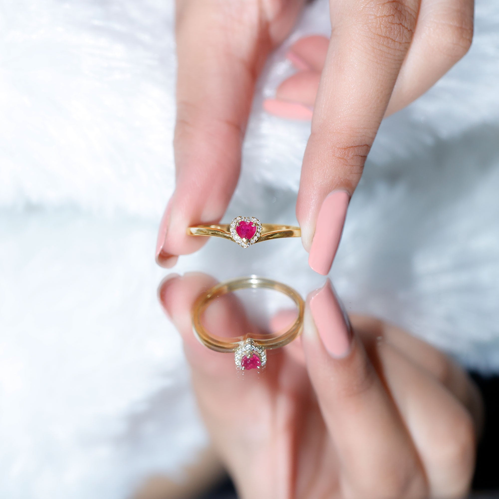 Genuine Half Carat Ruby Heart Promise Ring with Diamond Halo AAA - Rosec Jewels