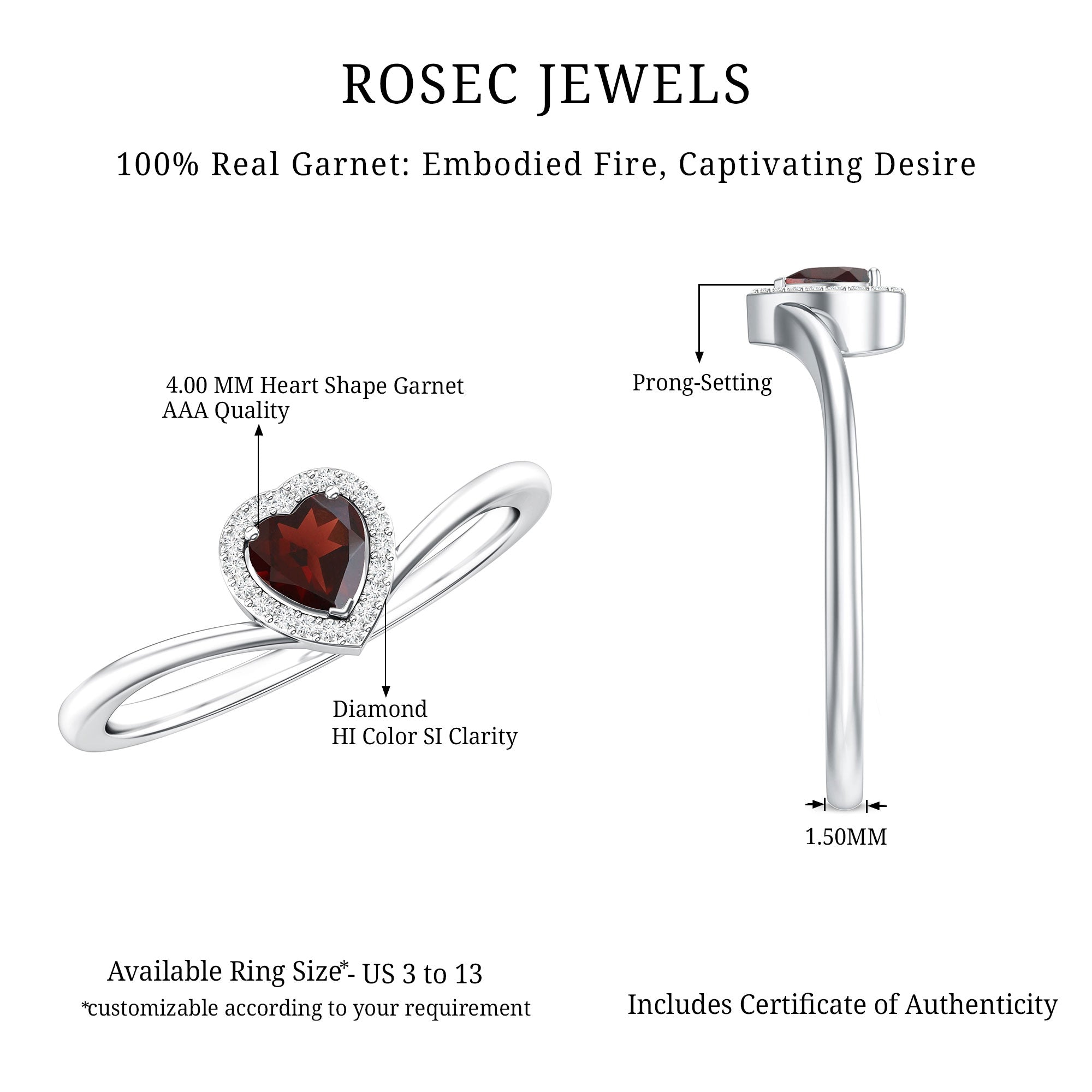 Certified Real Garnet Heart Promise Ring with Diamond Halo AAA - Rosec Jewels