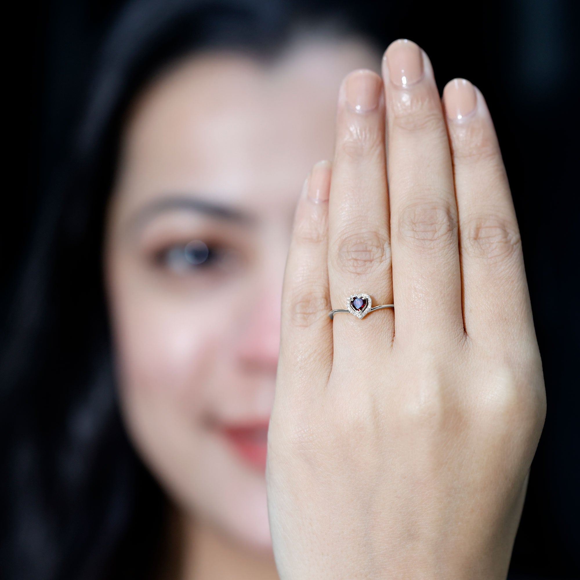 Certified Real Garnet Heart Promise Ring with Diamond Halo AAA - Rosec Jewels