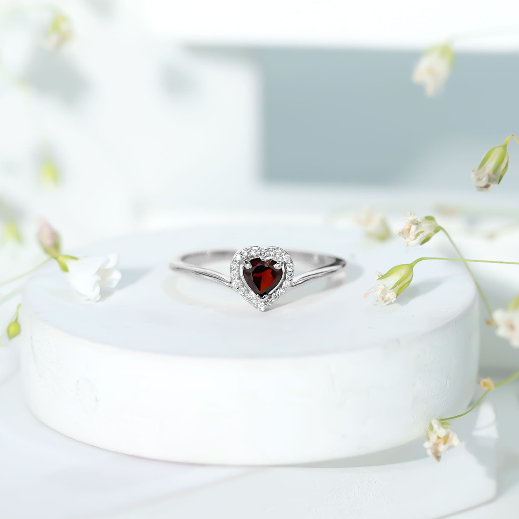 Certified Real Garnet Heart Promise Ring with Diamond Halo AAA - Rosec Jewels