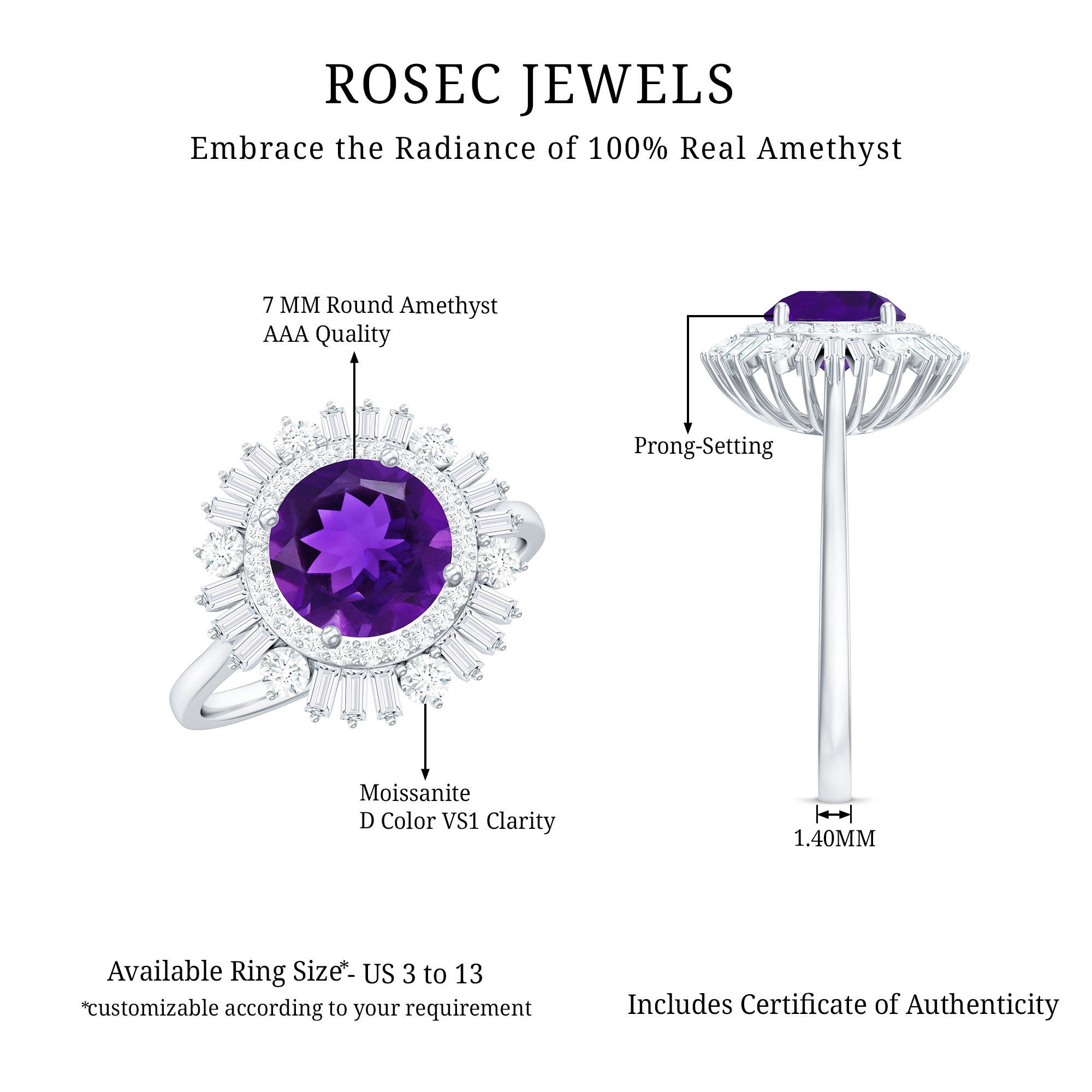 Natural 1.2 Carat Amethyst Statement Engagement Ring with Moissanite Double Halo AAA - Rosec Jewels