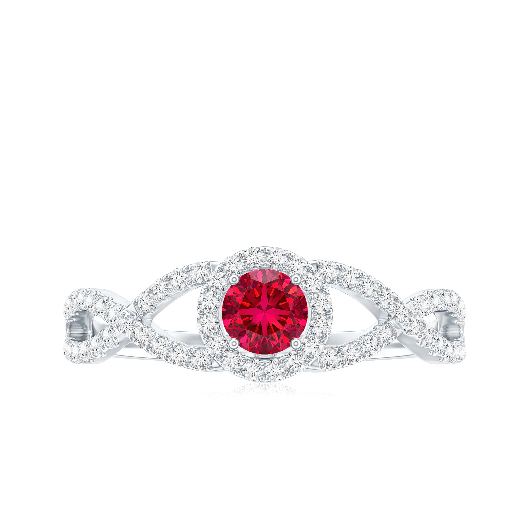 Criss Cross Shank Created Ruby and Diamond Halo Engagement Ring AAAA - Rosec Jewels