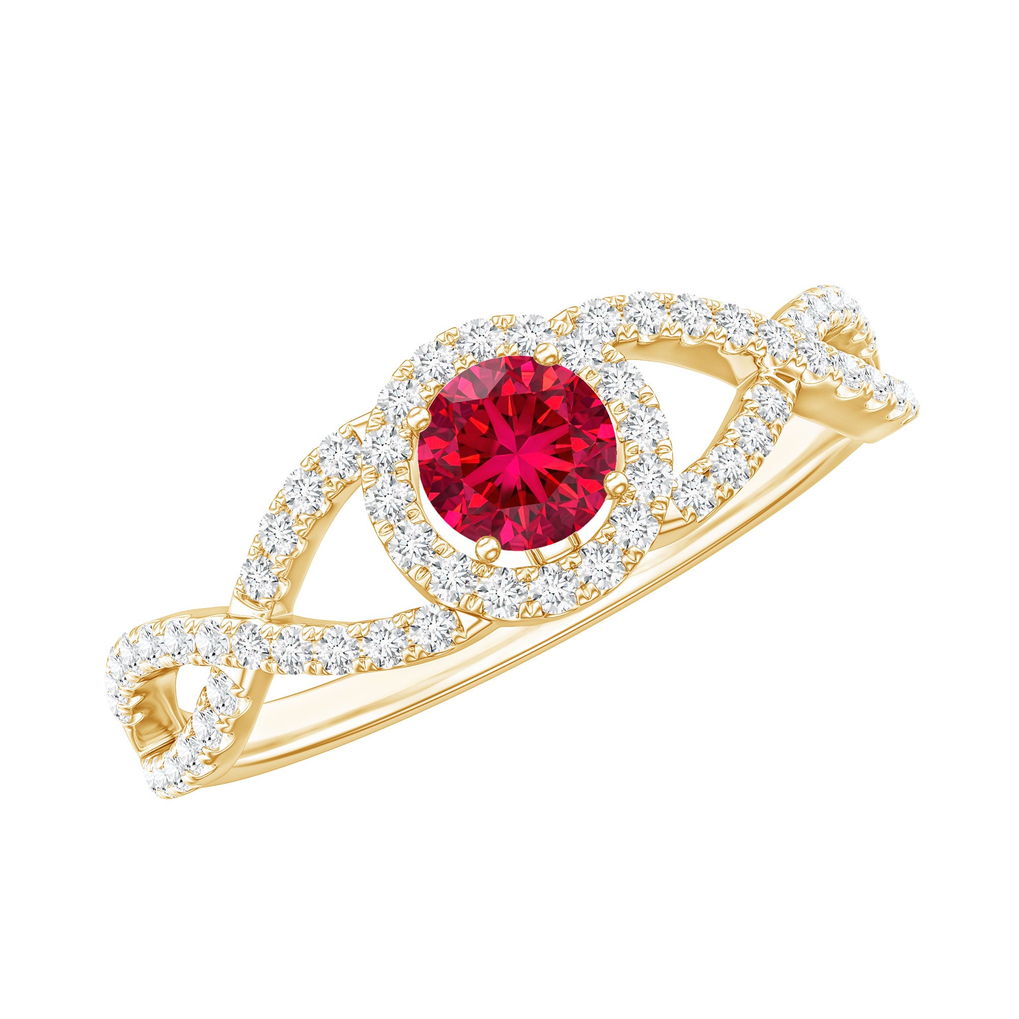 Criss Cross Shank Created Ruby and Diamond Halo Engagement Ring AAAA - Rosec Jewels
