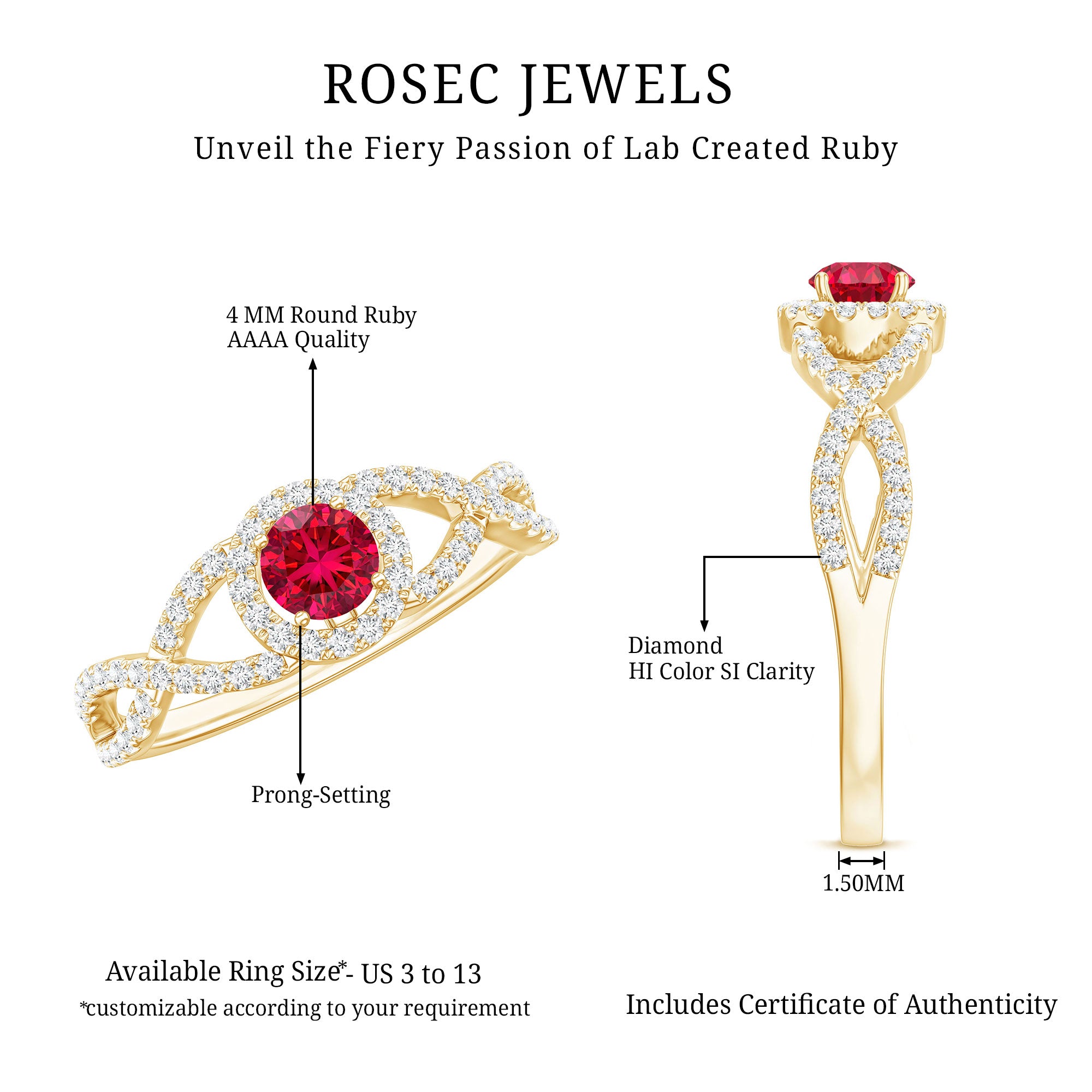 Criss Cross Shank Created Ruby and Diamond Halo Engagement Ring AAAA - Rosec Jewels