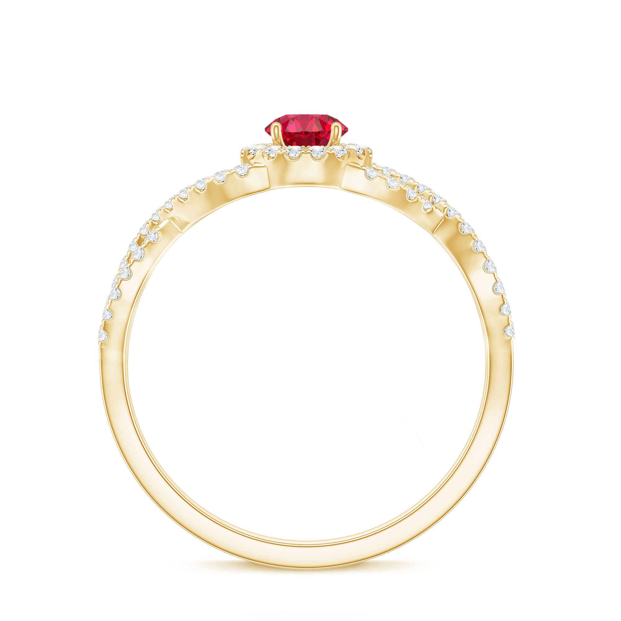 Criss Cross Shank Created Ruby and Diamond Halo Engagement Ring AAAA - Rosec Jewels
