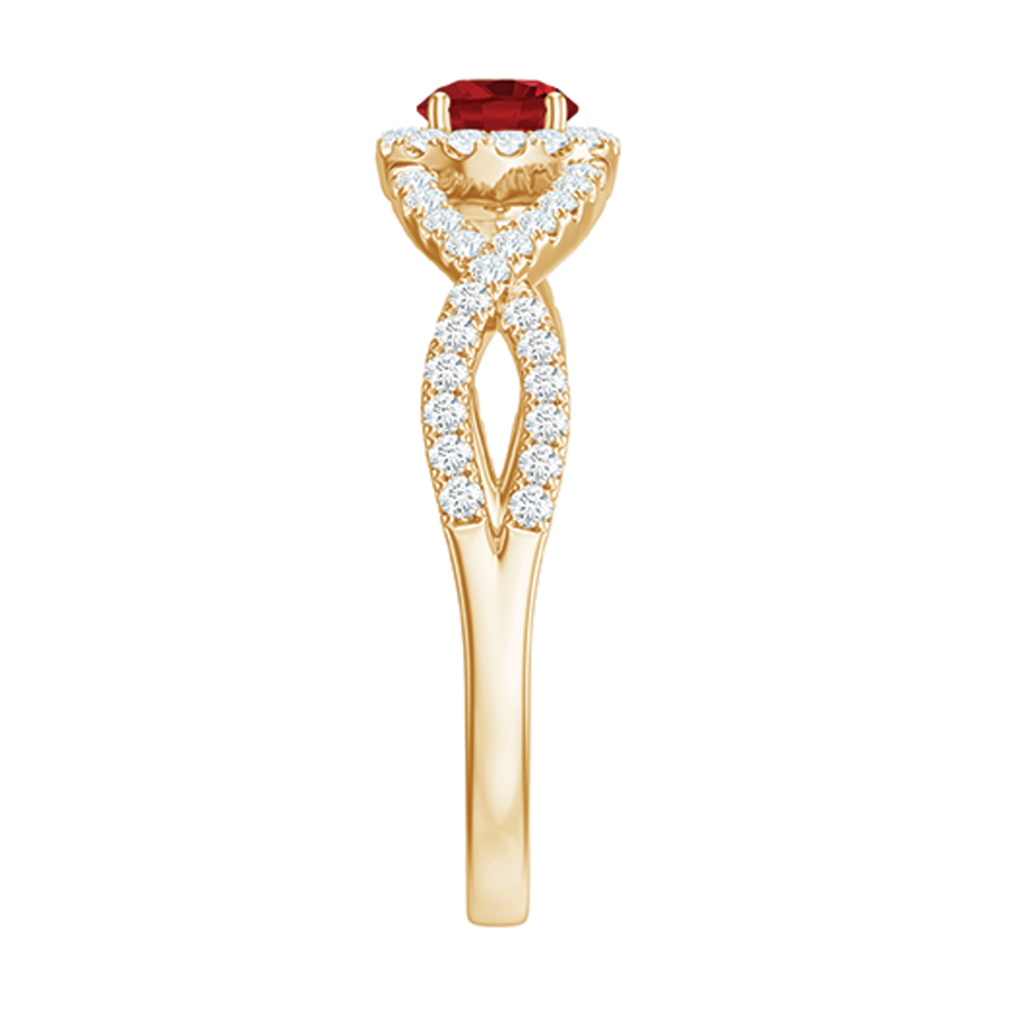 Criss Cross Shank Created Ruby and Diamond Halo Engagement Ring AAAA - Rosec Jewels