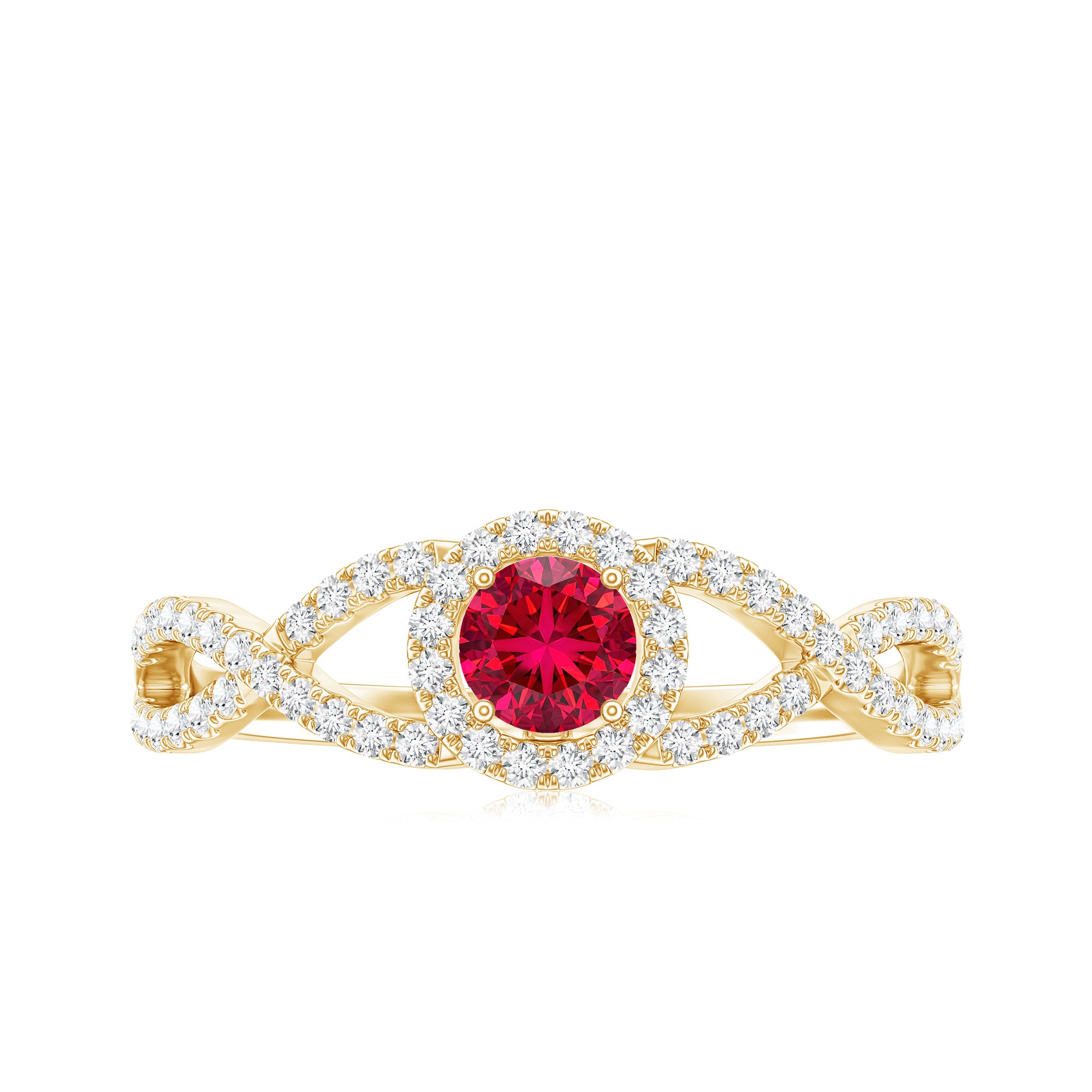 Criss Cross Shank Created Ruby and Diamond Halo Engagement Ring AAAA - Rosec Jewels