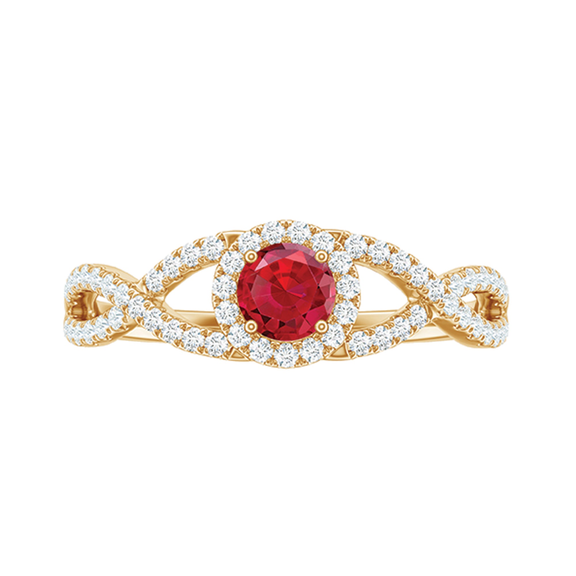 Criss Cross Shank Created Ruby and Diamond Halo Engagement Ring AAAA - Rosec Jewels