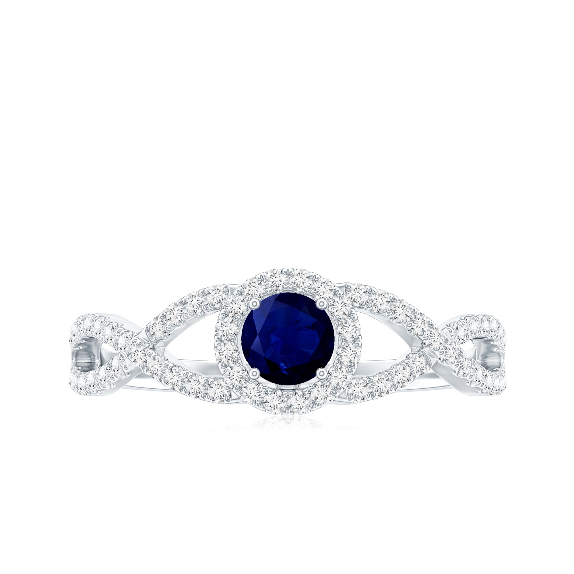 Criss Cross Shank Blue Sapphire and Diamond Halo Engagement Ring AAA - Rosec Jewels
