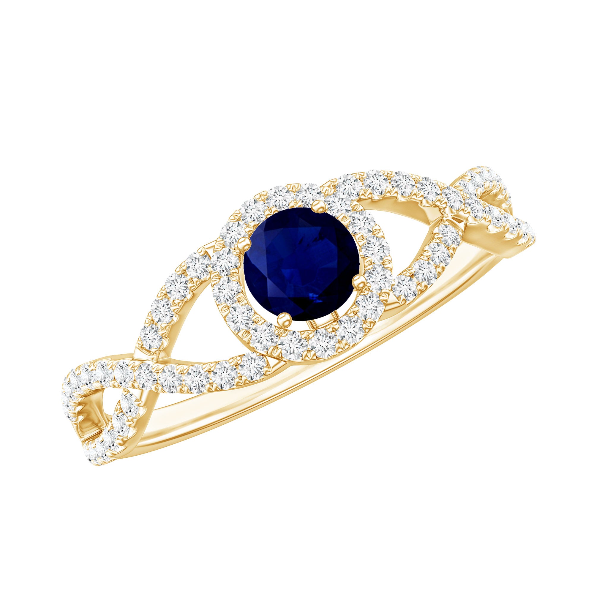Criss Cross Shank Blue Sapphire and Diamond Halo Engagement Ring AAA - Rosec Jewels