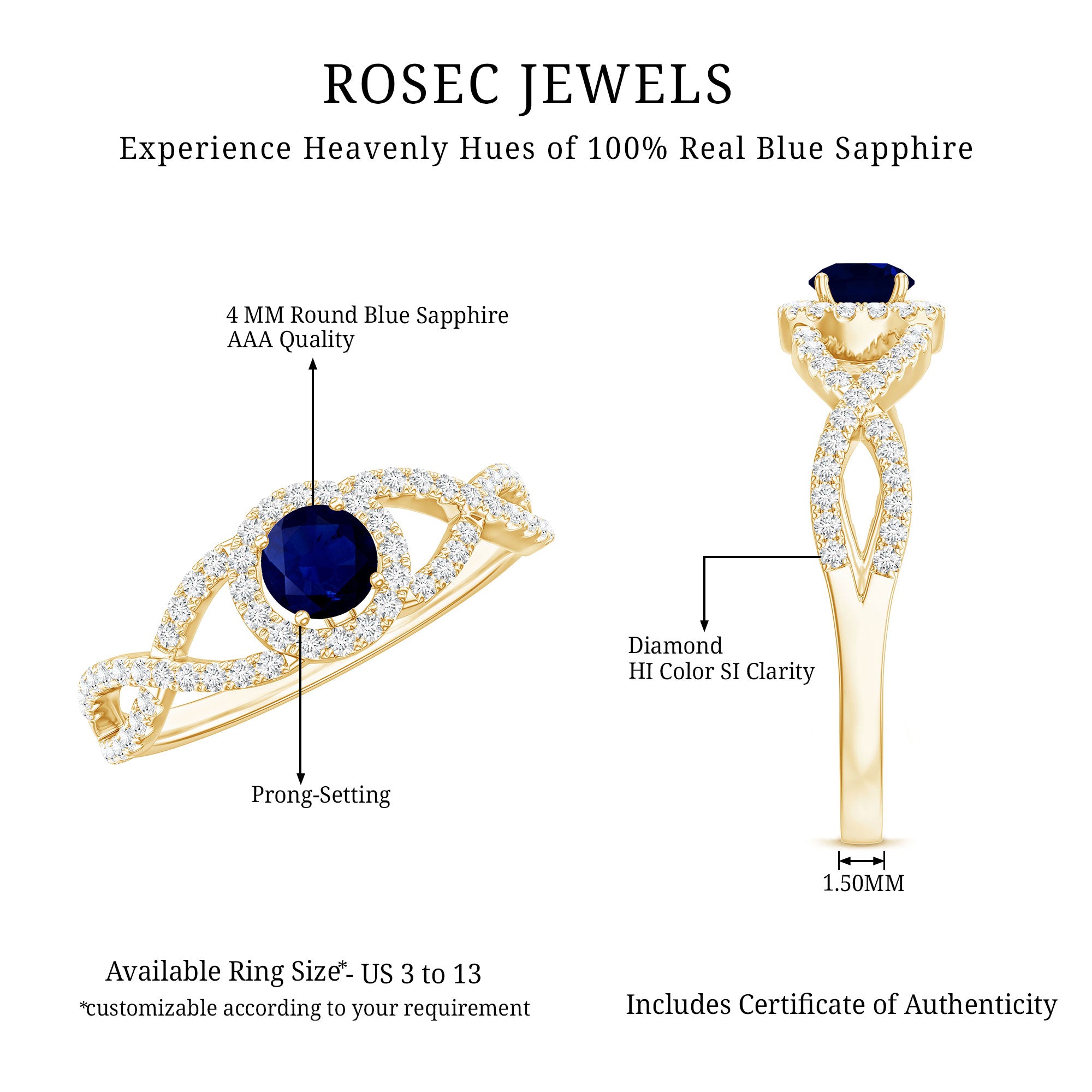 Criss Cross Shank Blue Sapphire and Diamond Halo Engagement Ring AAA - Rosec Jewels