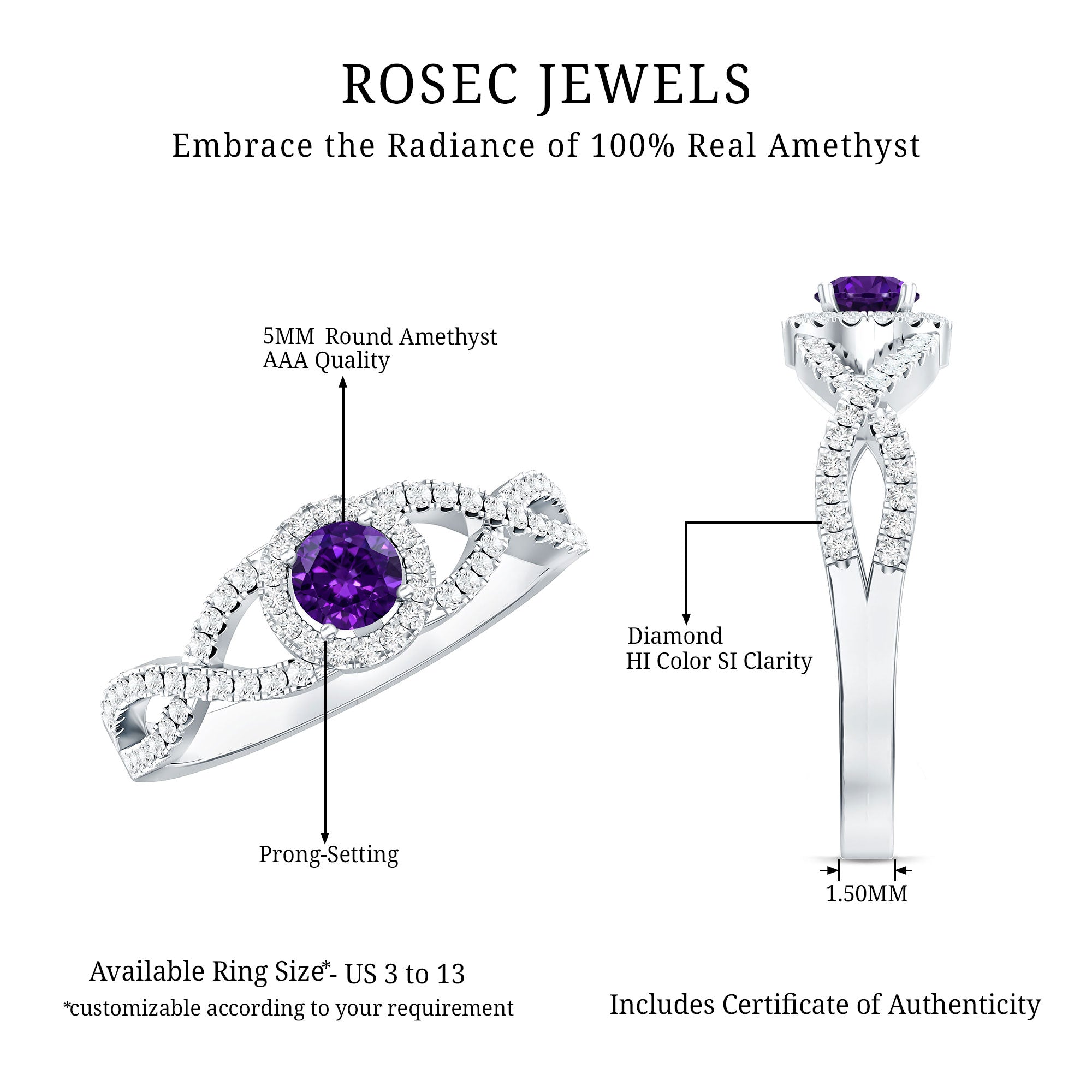 Real Amethyst Diamond Halo Engagement Ring with Criss Cross Shank AAA - Rosec Jewels