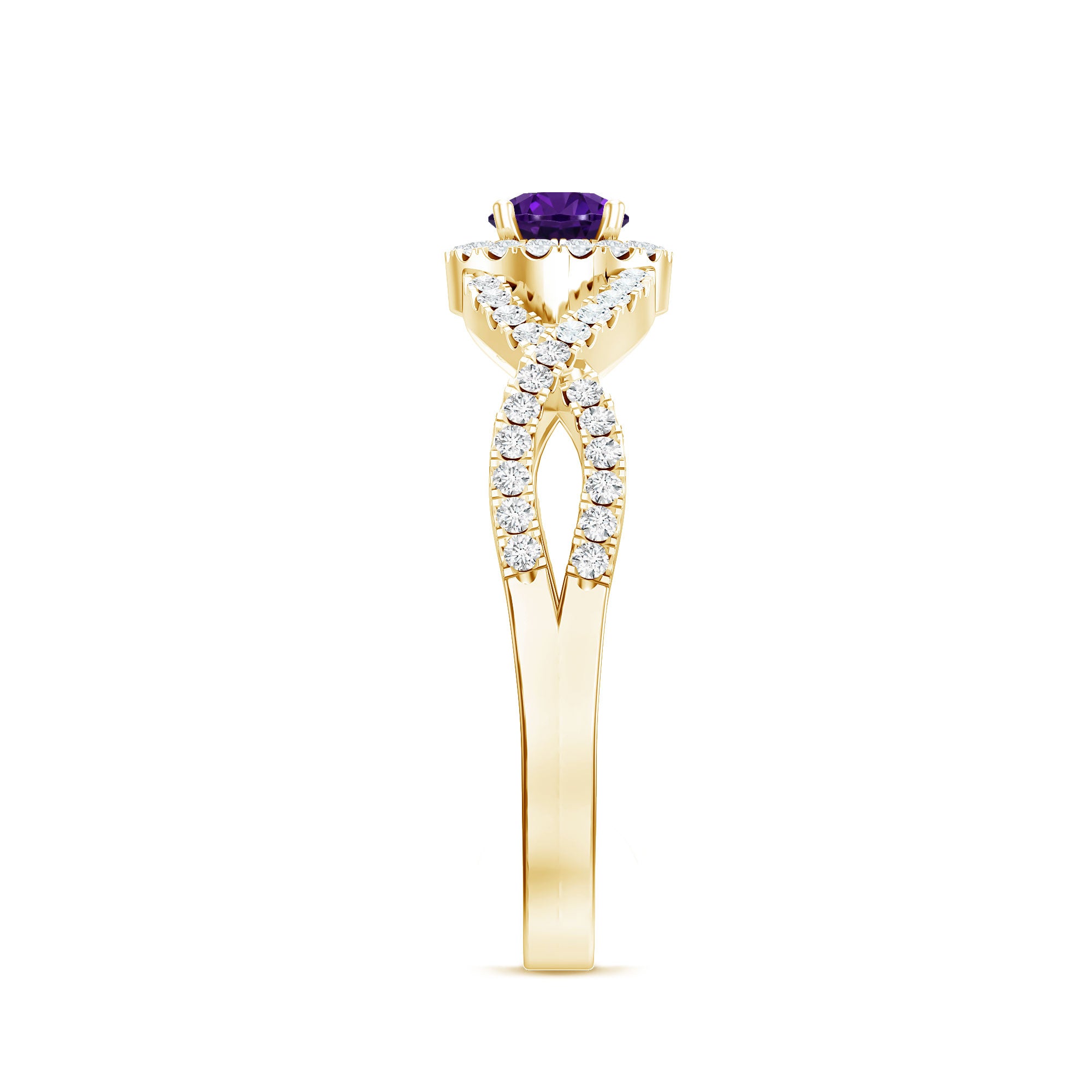 Real Amethyst Diamond Halo Engagement Ring with Criss Cross Shank AAA - Rosec Jewels