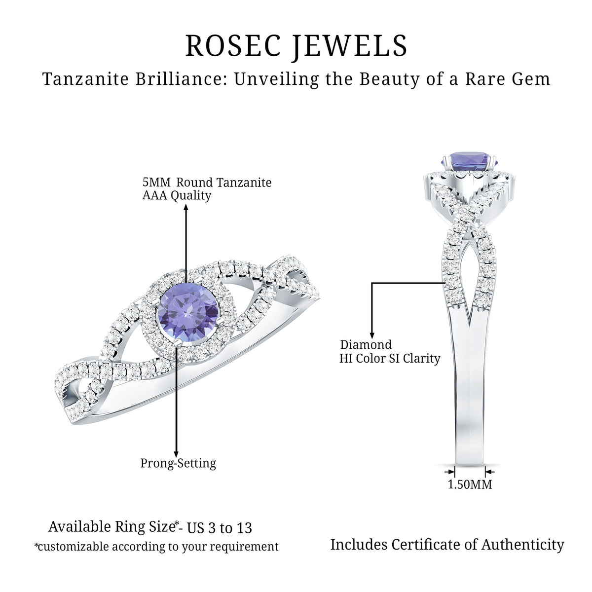 Real Tanzanite Engagement Ring with Diamond Criss Cross Shank AAA - Rosec Jewels