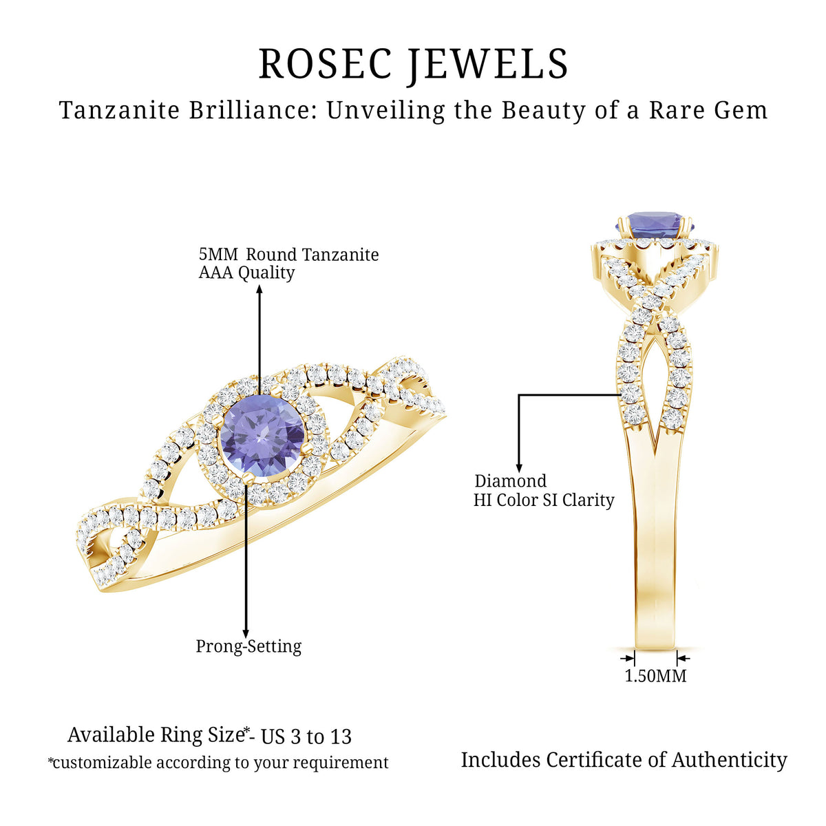 Real Tanzanite Engagement Ring with Diamond Criss Cross Shank AAA - Rosec Jewels