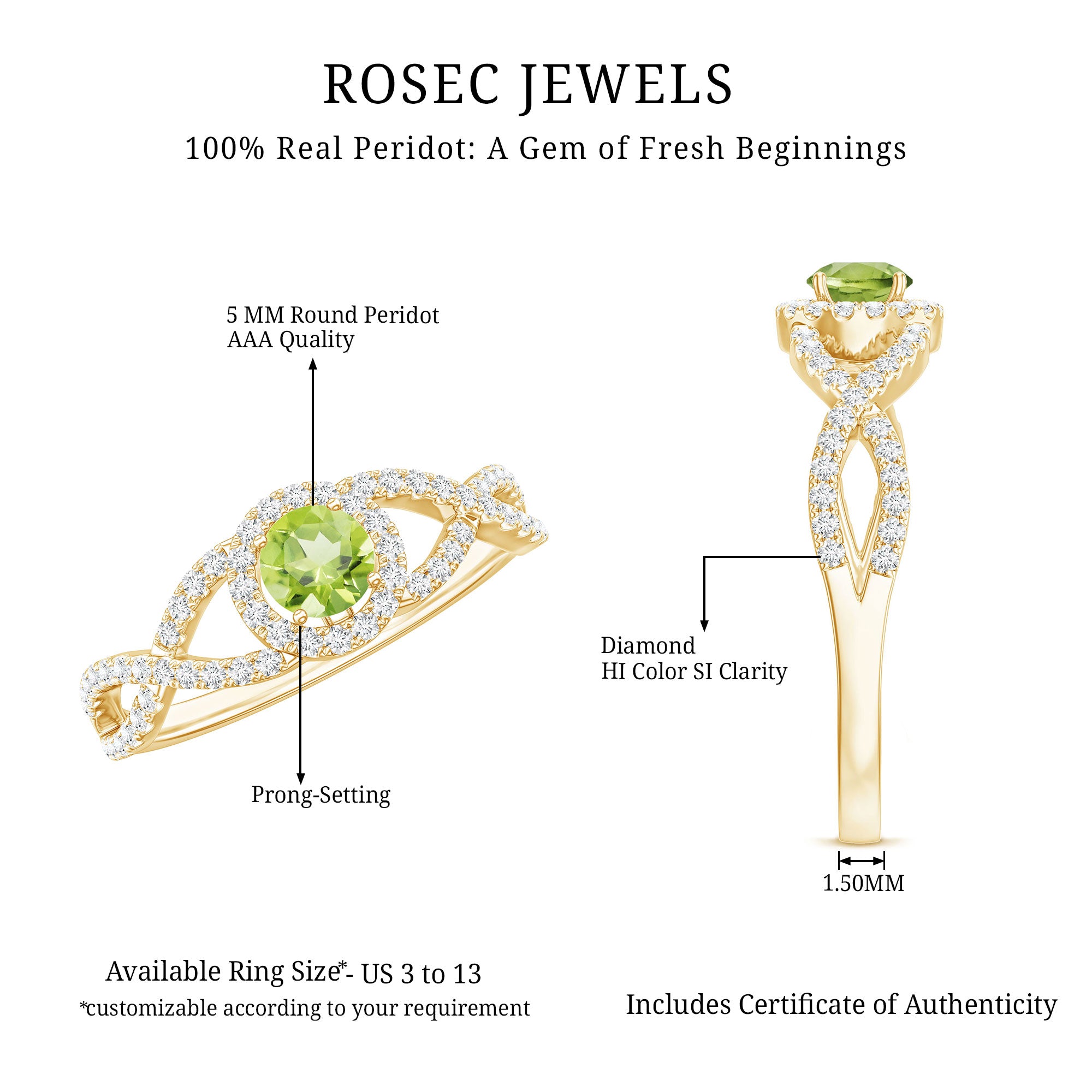 Natural 0.5 Carat Peridot Engagement Ring with Diamond Criss Cross Shank AAA - Rosec Jewels