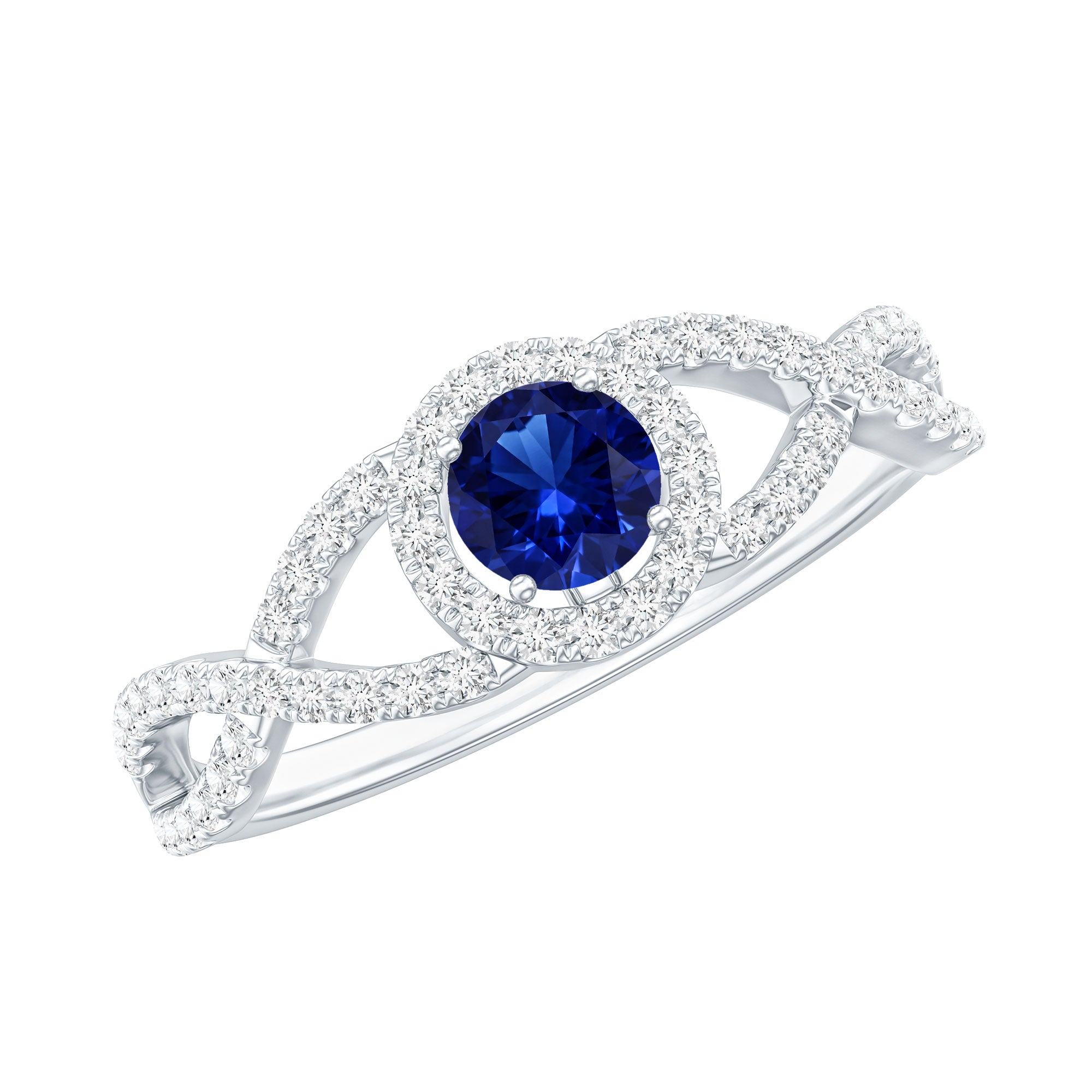 Certified 0.6 Carat Lab Grown Blue Sapphire Crossover Engagement Ring with Diamond AAAA - Rosec Jewels