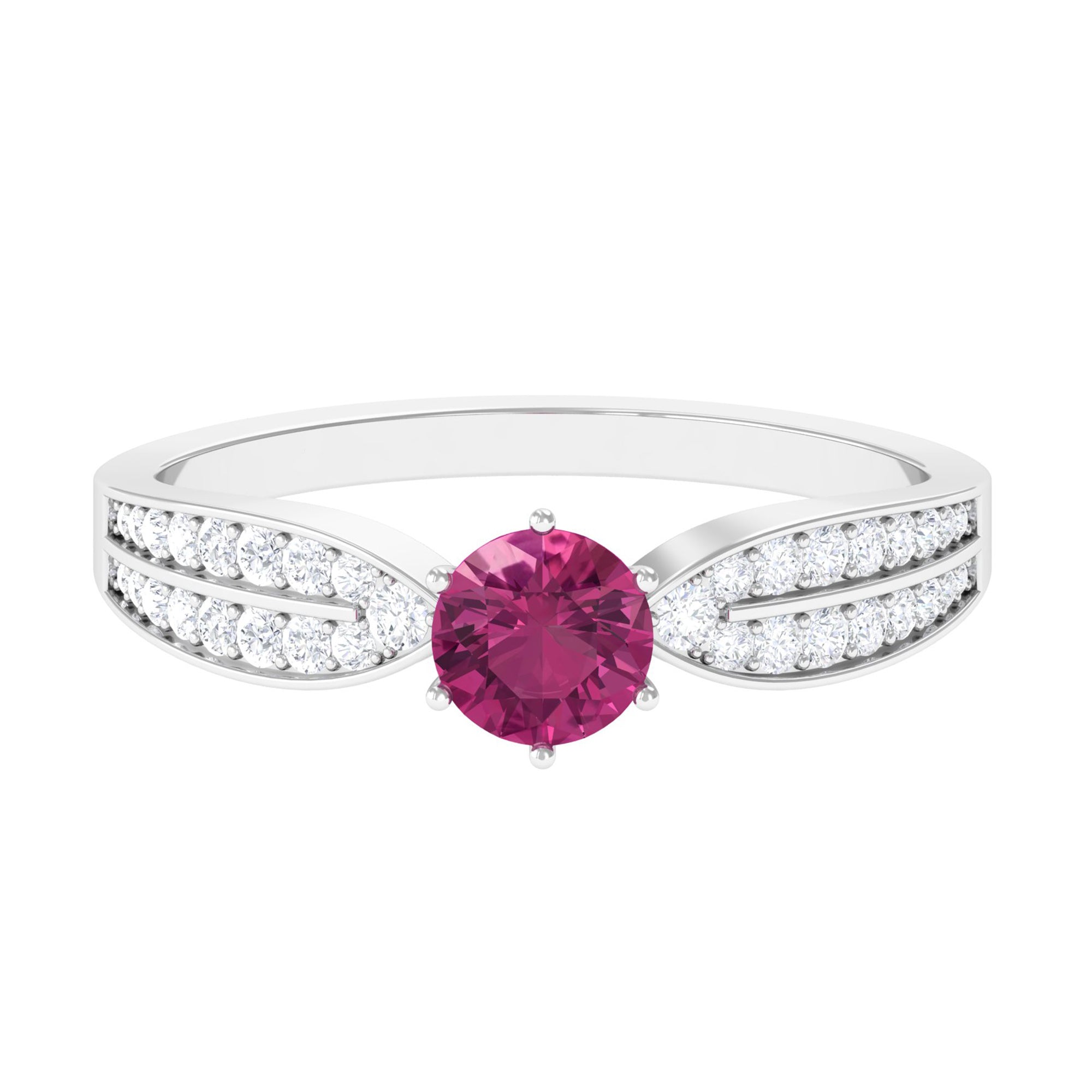 1 CT Six Prong Set Pink Tourmaline Engagement Ring with Diamond Side Stones AAA - Rosec Jewels