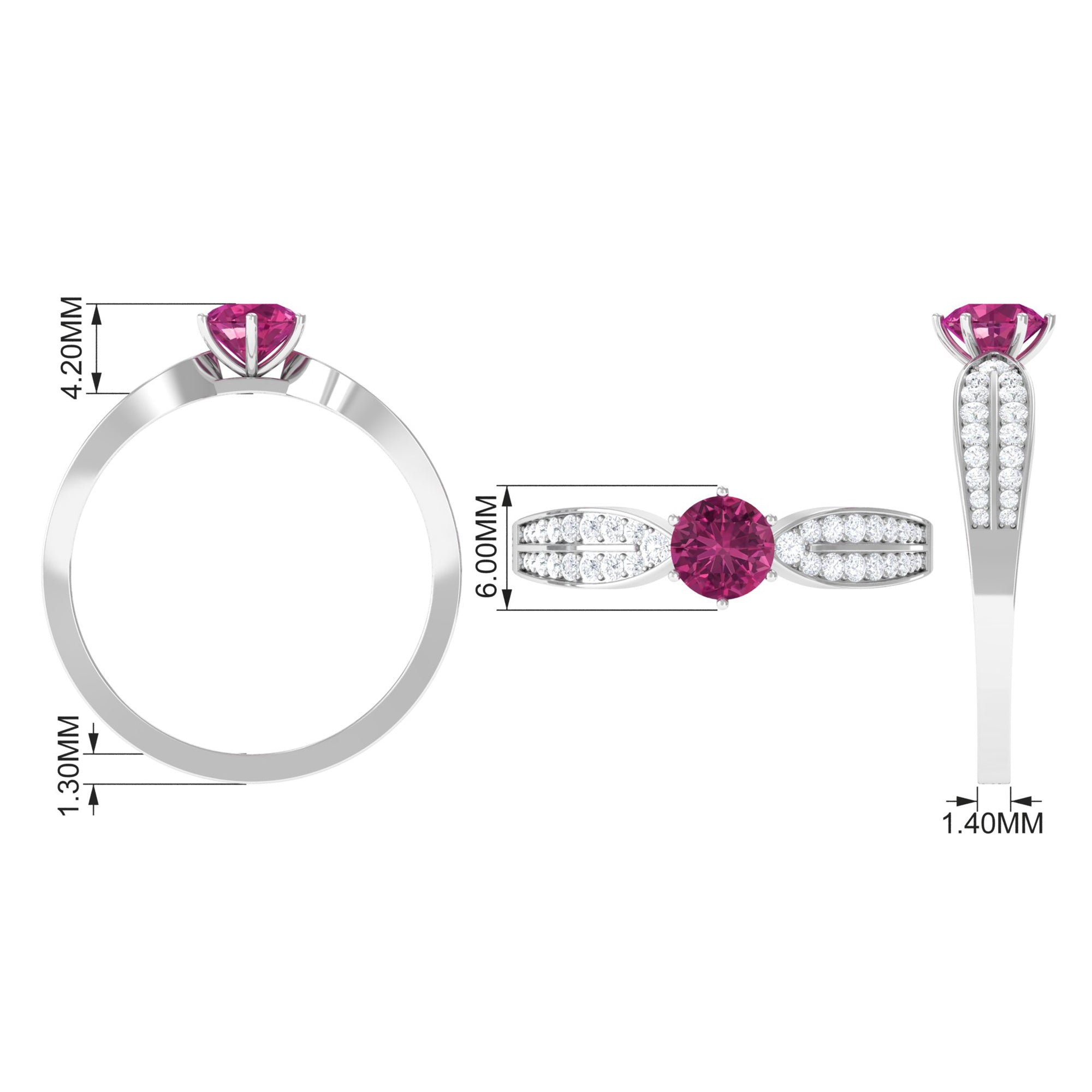 1 CT Six Prong Set Pink Tourmaline Engagement Ring with Diamond Side Stones AAA - Rosec Jewels