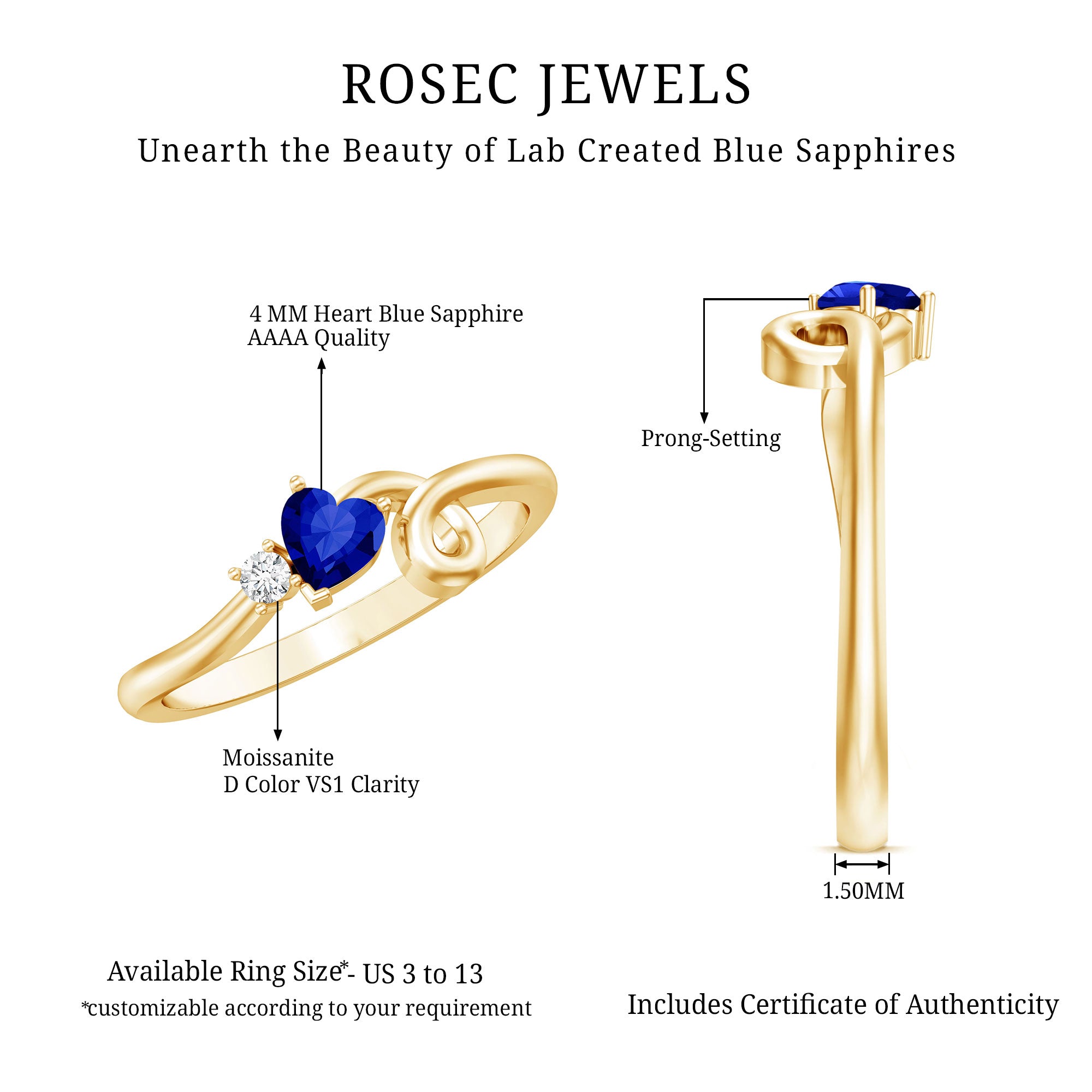 Certified Lab Grown Blue Sapphire Twisted Heart Promise Ring AAAA - Rosec Jewels