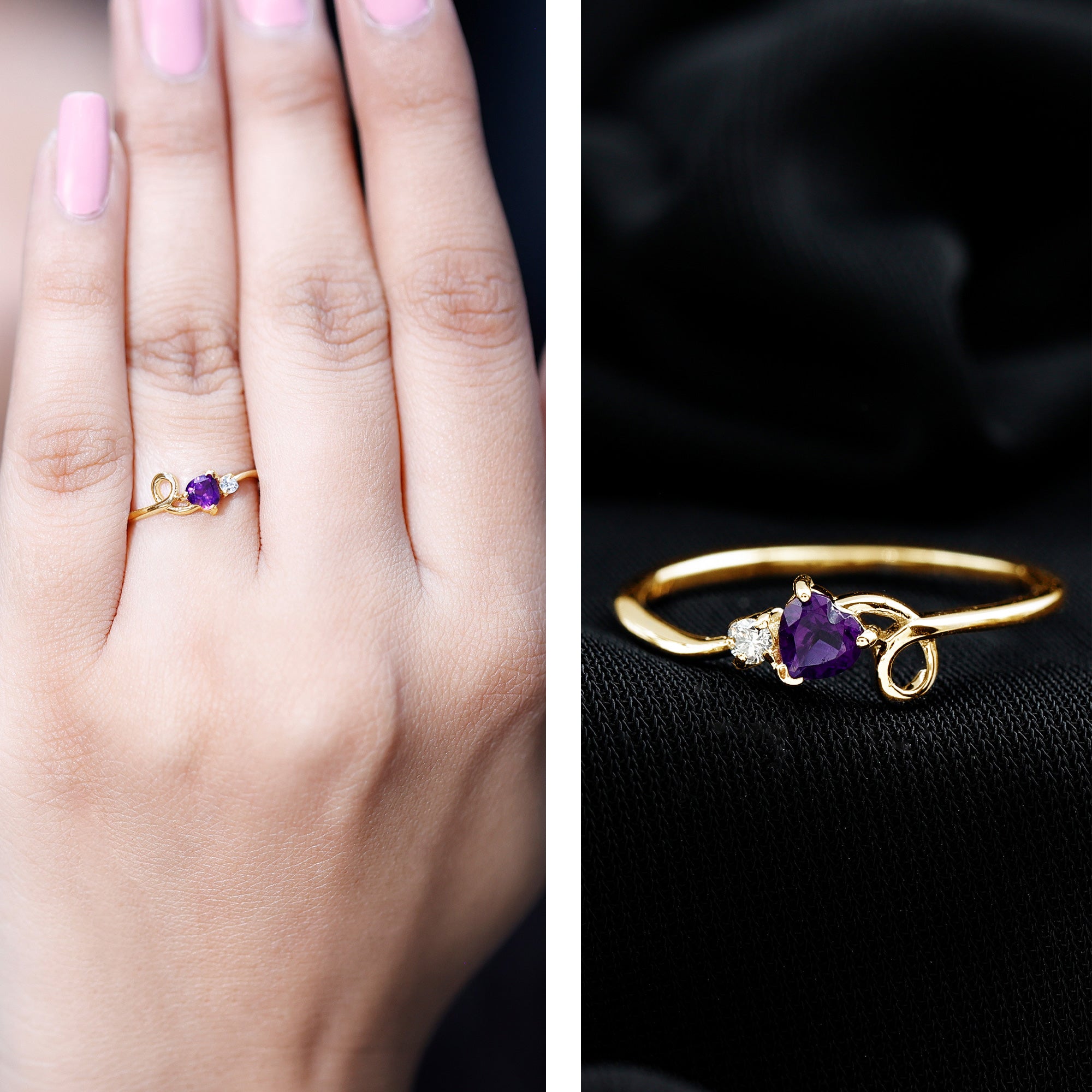 Heart Shape Real Amethyst and Diamond Twisted Promise Ring AAA - Rosec Jewels