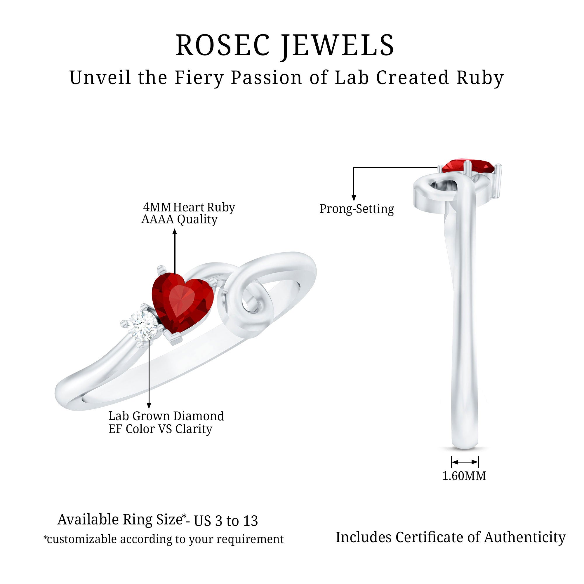 Lab Created Ruby and Diamond Twisted Heart Promise Ring AAAA - Rosec Jewels