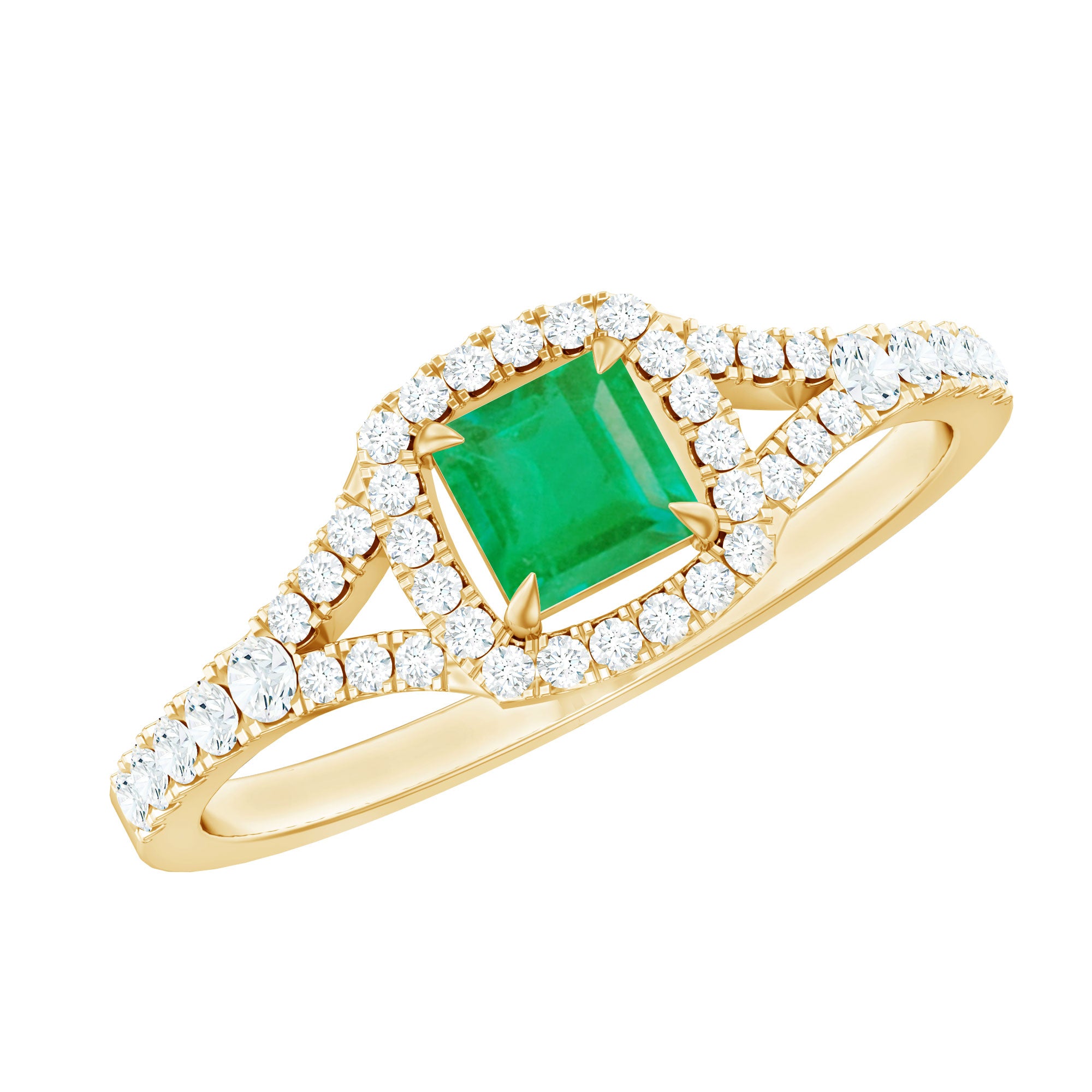 Princess Cut Emerald Engagement Ring with Diamond Split Shank AAA - Rosec Jewels