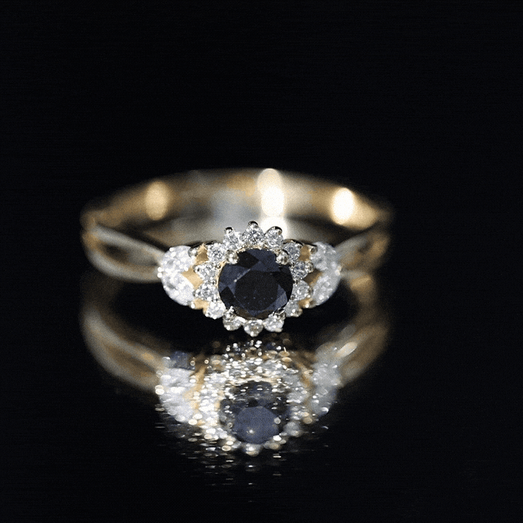 Split Shank Created Black Diamond Flower Ring with Diamond Accent AAAA ( Synthetic ) - Rosec Jewels