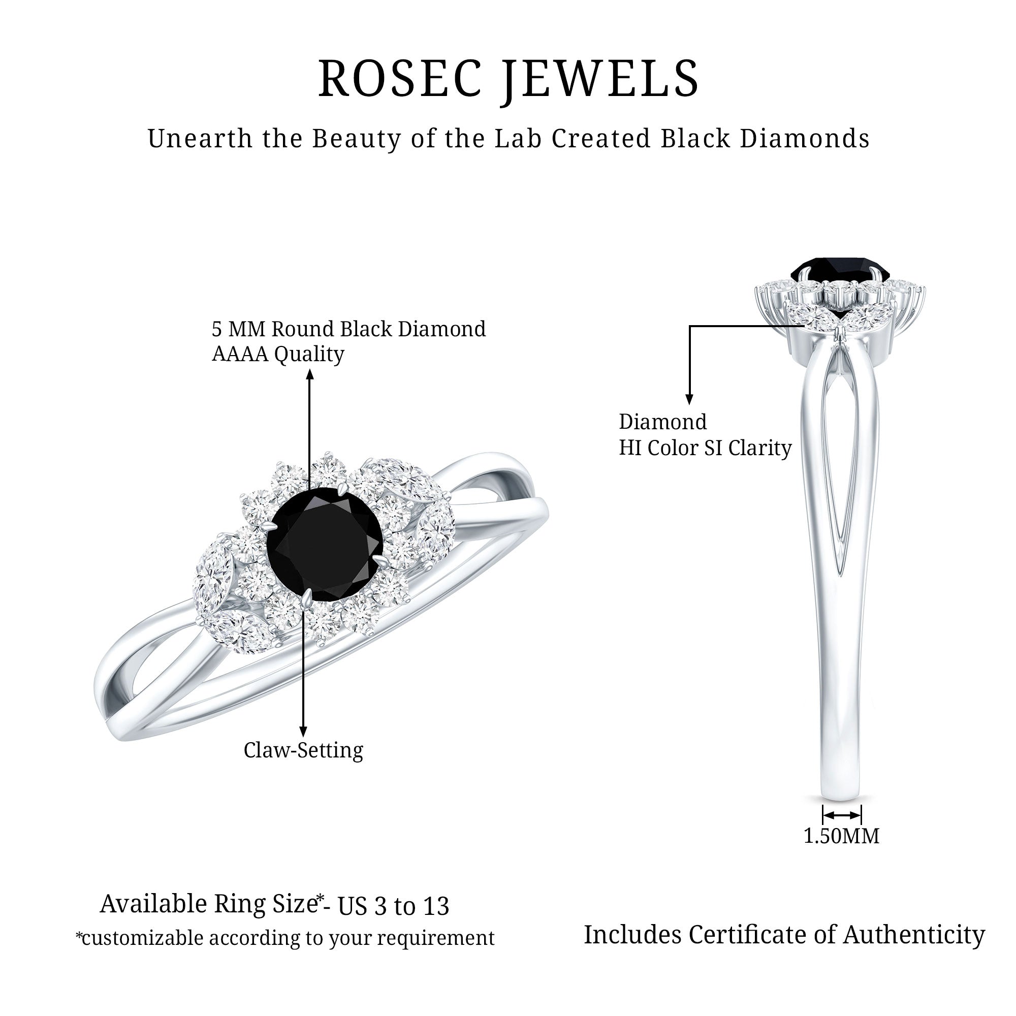 Split Shank Created Black Diamond Flower Ring with Diamond Accent AAAA ( Synthetic ) - Rosec Jewels