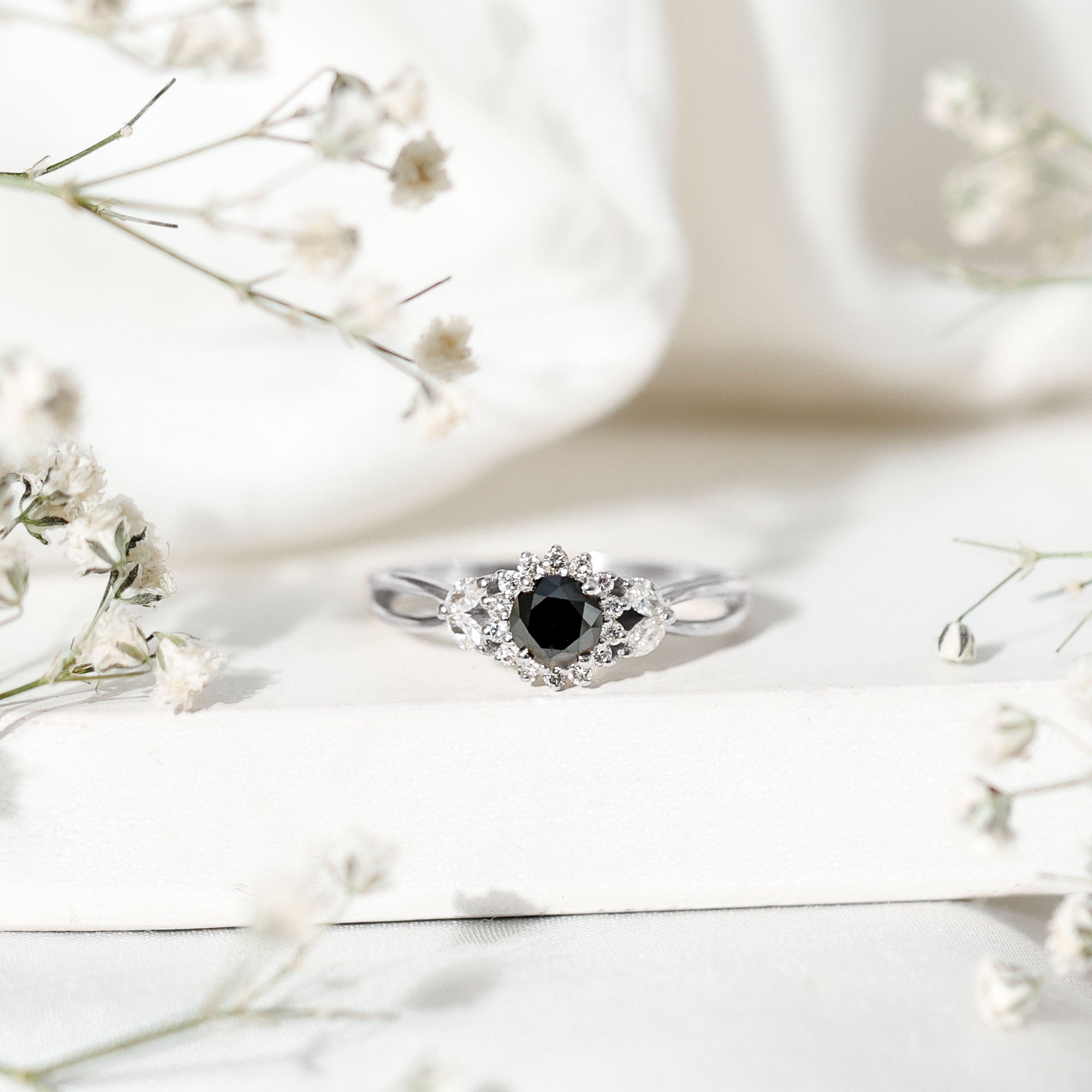 Split Shank Created Black Diamond Flower Ring with Diamond Accent AAAA ( Synthetic ) - Rosec Jewels