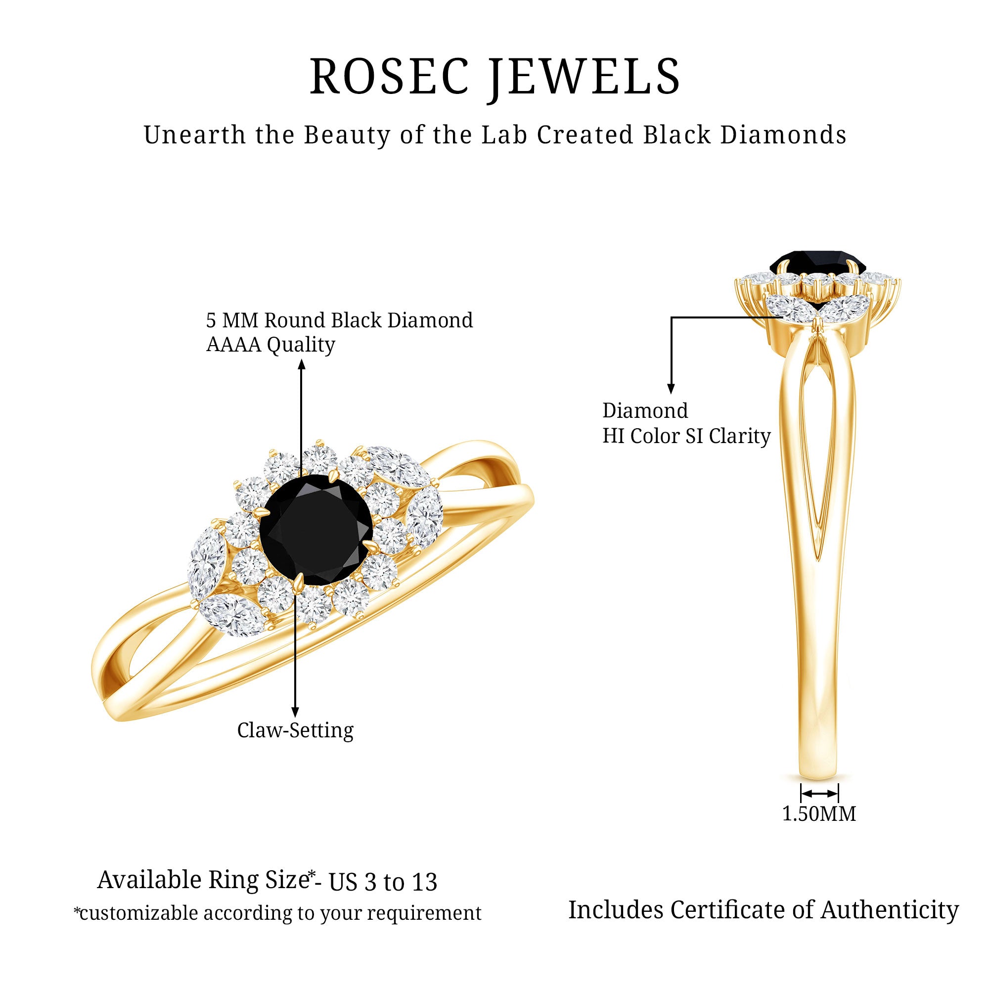 Split Shank Created Black Diamond Flower Ring with Diamond Accent AAAA ( Synthetic ) - Rosec Jewels