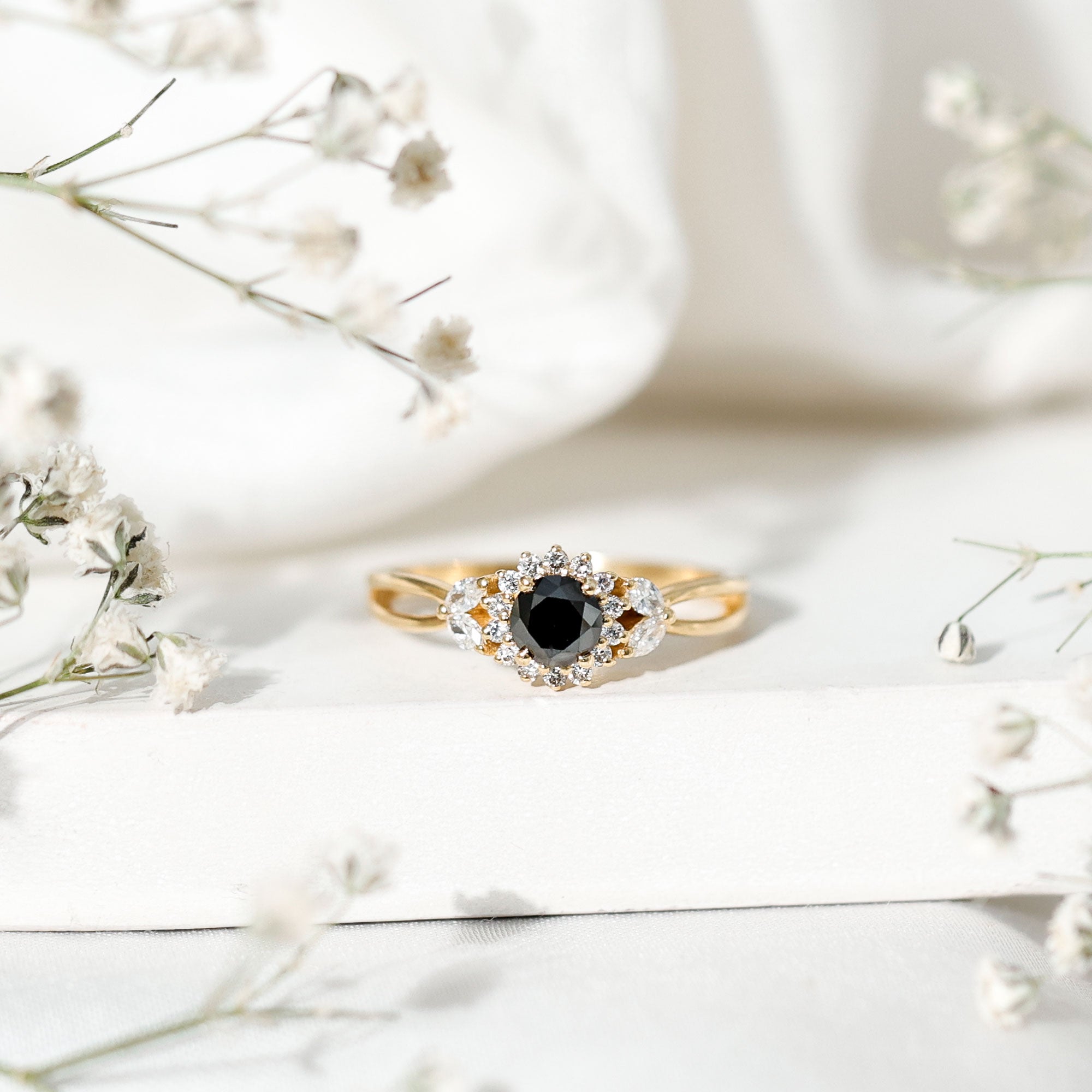 Rosec Jewels-Split Shank Created Black Diamond Flower Ring with Diamond Accent