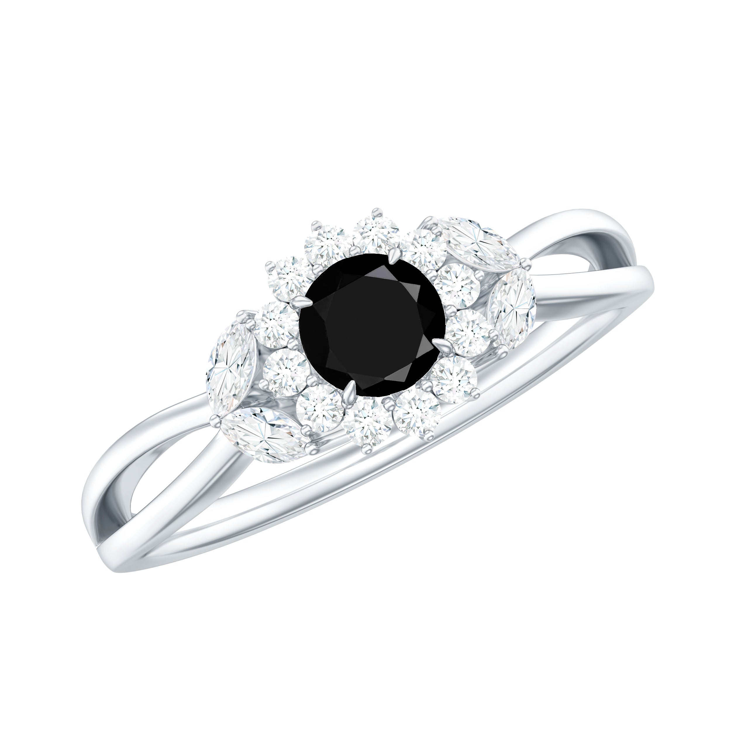 Natural Black Onyx and Diamond Floral Engagement Ring