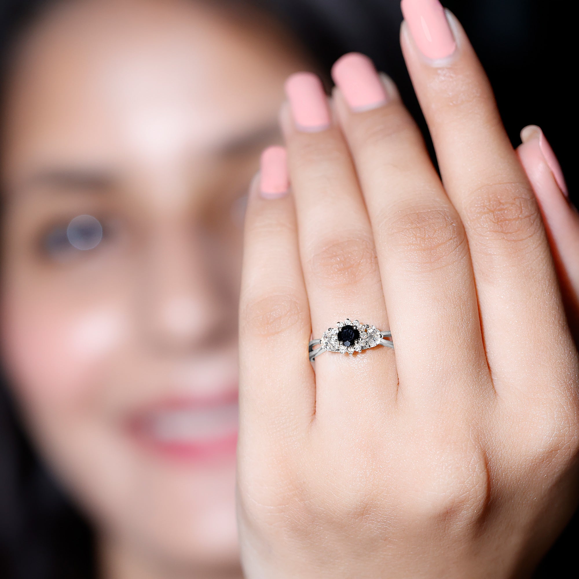 Natural Black Onyx and Diamond Floral Engagement Ring AAA - Rosec Jewels
