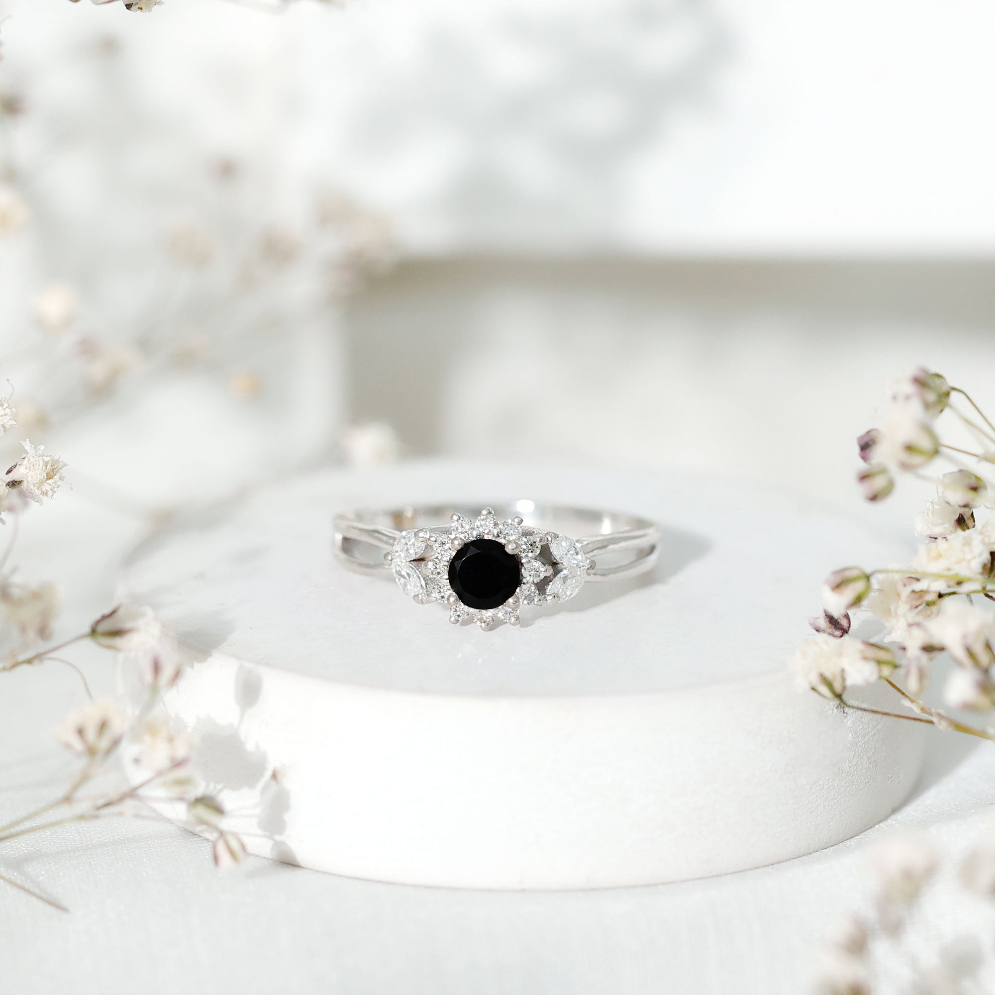 Natural Black Onyx and Diamond Floral Engagement Ring AAA - Rosec Jewels