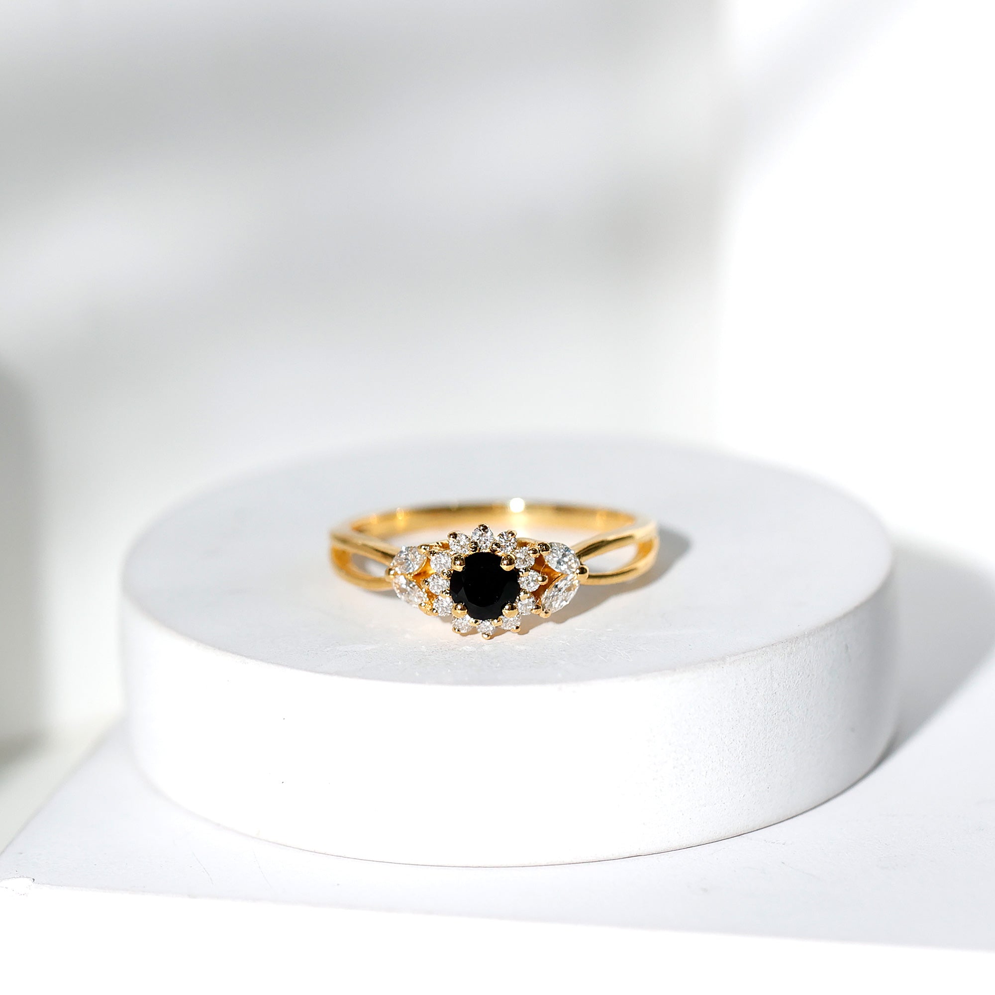 Natural Black Onyx and Diamond Floral Engagement Ring AAA - Rosec Jewels