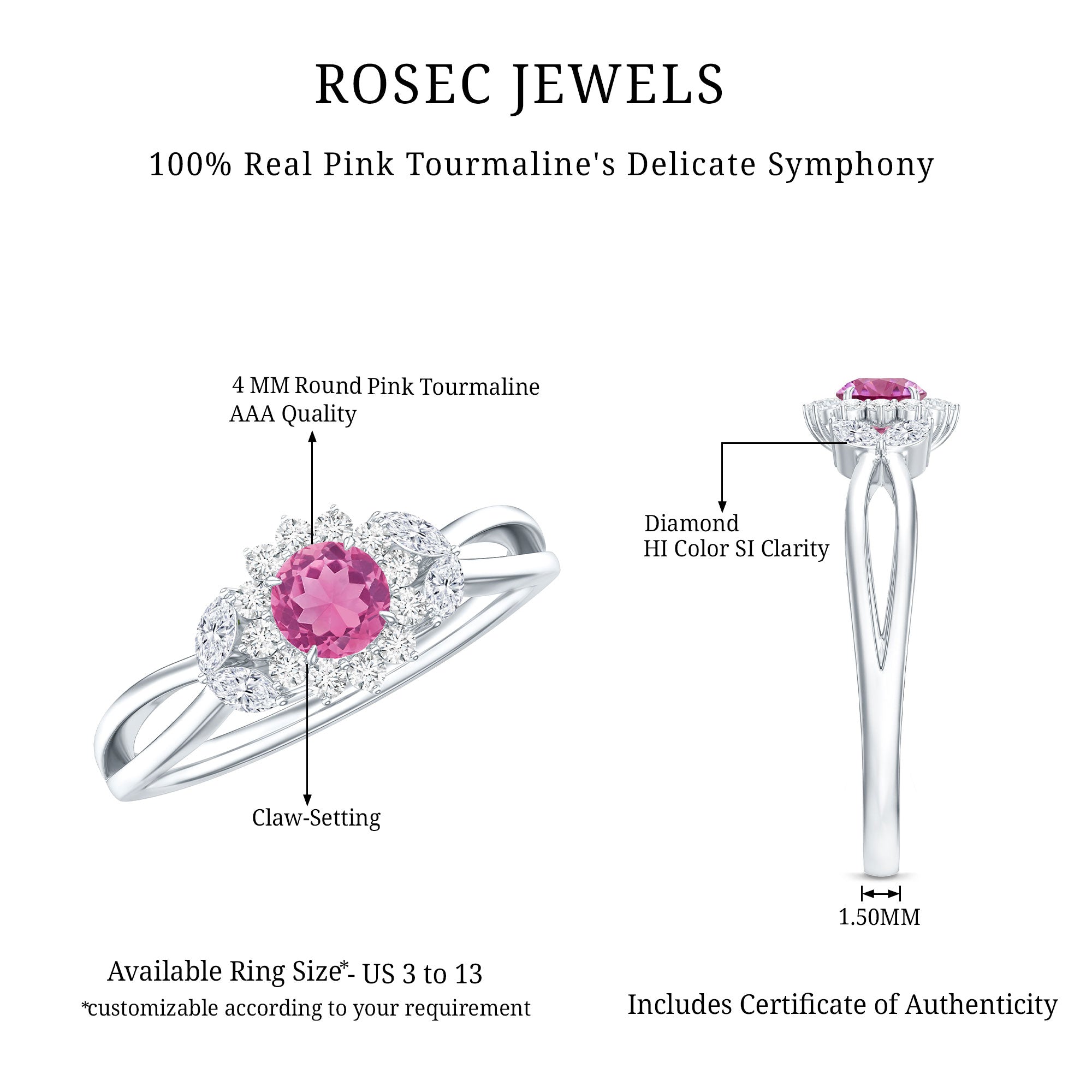 Pink Tourmaline and Diamond Flower Engagement Ring with Split Shank AAA - Rosec Jewels