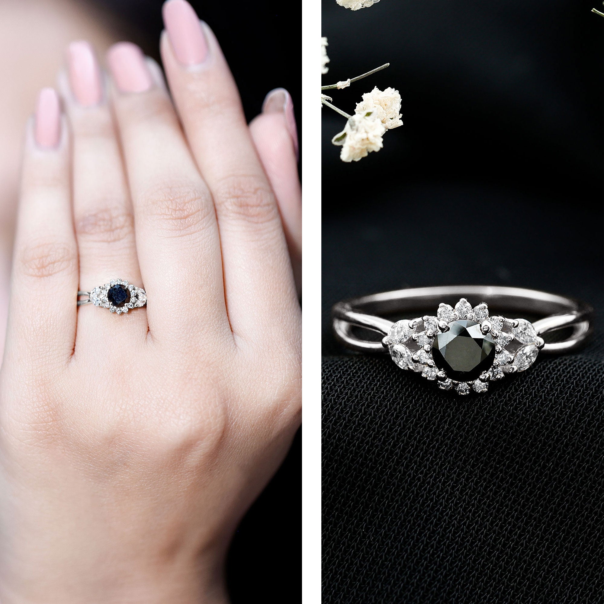 Nature Inspired Black Spinel Flower Engagement Ring with Diamond AAA - Rosec Jewels