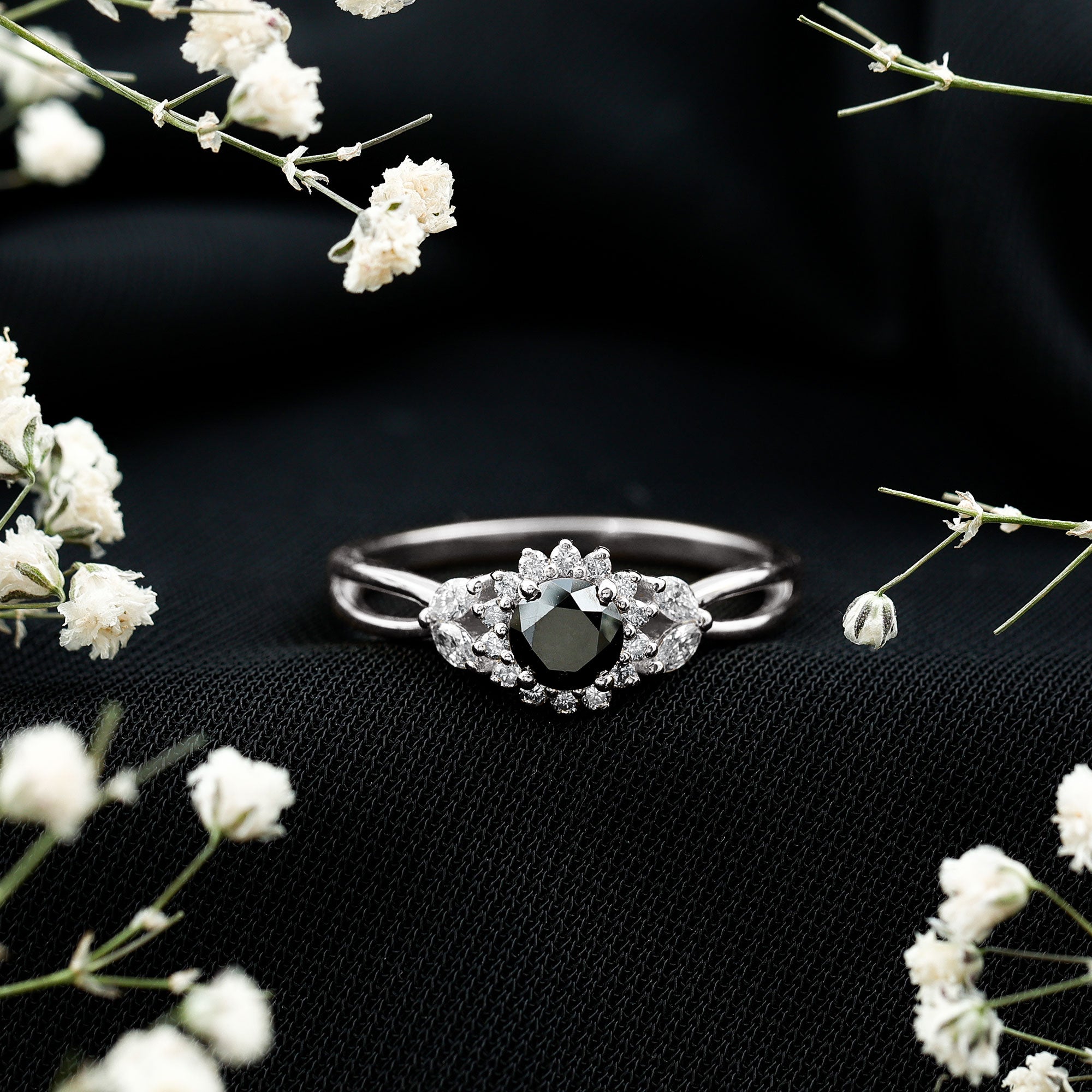 Nature Inspired Black Spinel Flower Engagement Ring with Diamond AAA - Rosec Jewels