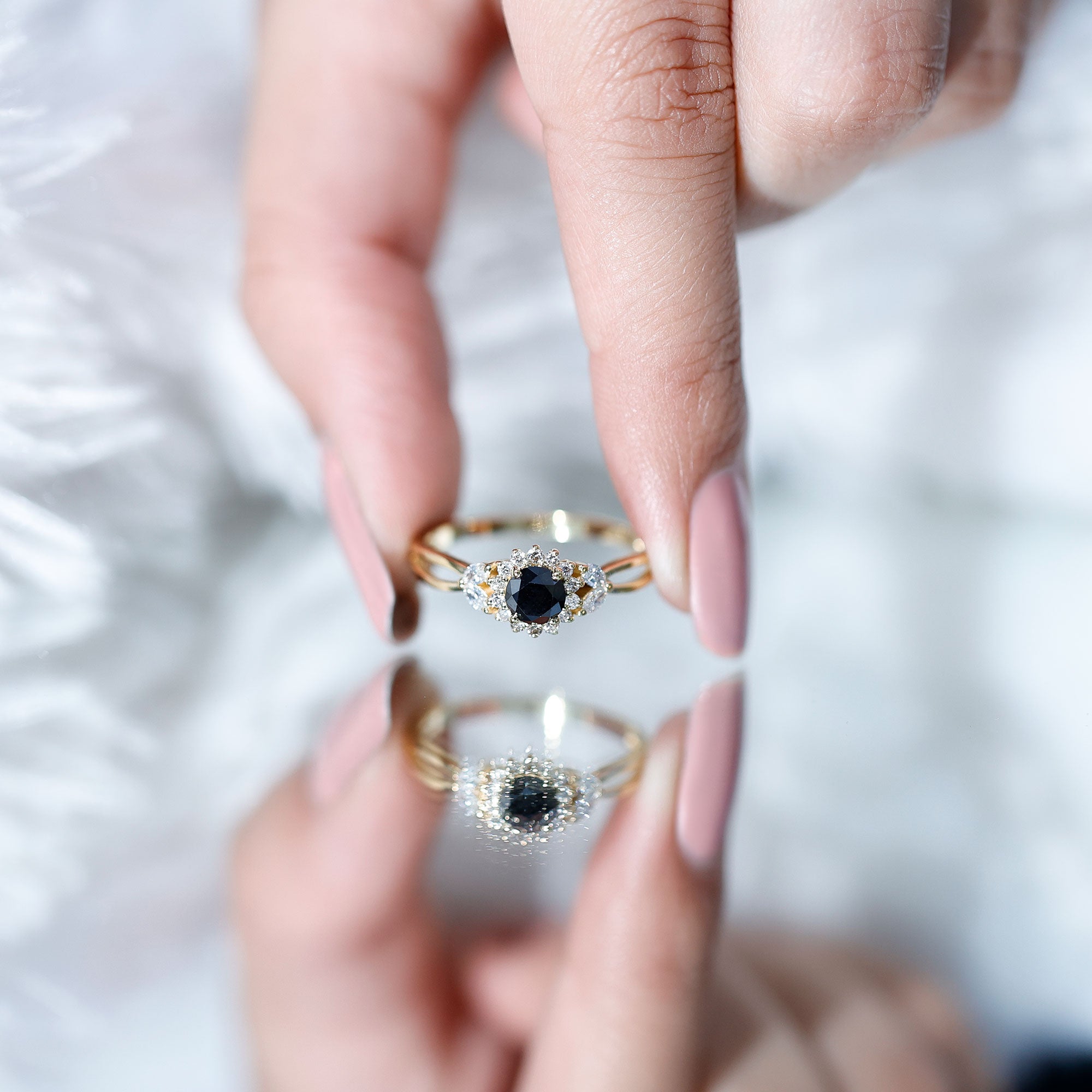 Nature Inspired Black Spinel Flower Engagement Ring with Diamond AAA - Rosec Jewels
