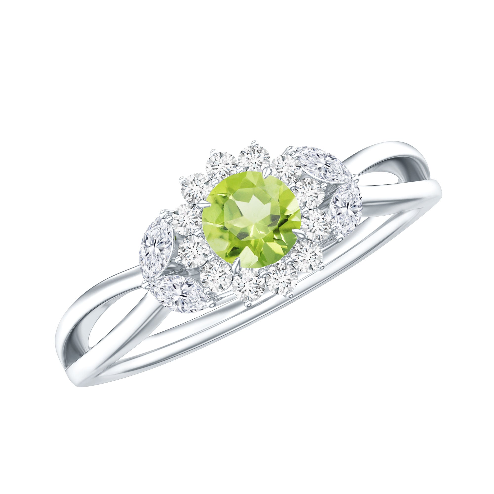 Natural 0.5 Carat Peridot Flower Engagement Ring with Diamond AAA - Rosec Jewels