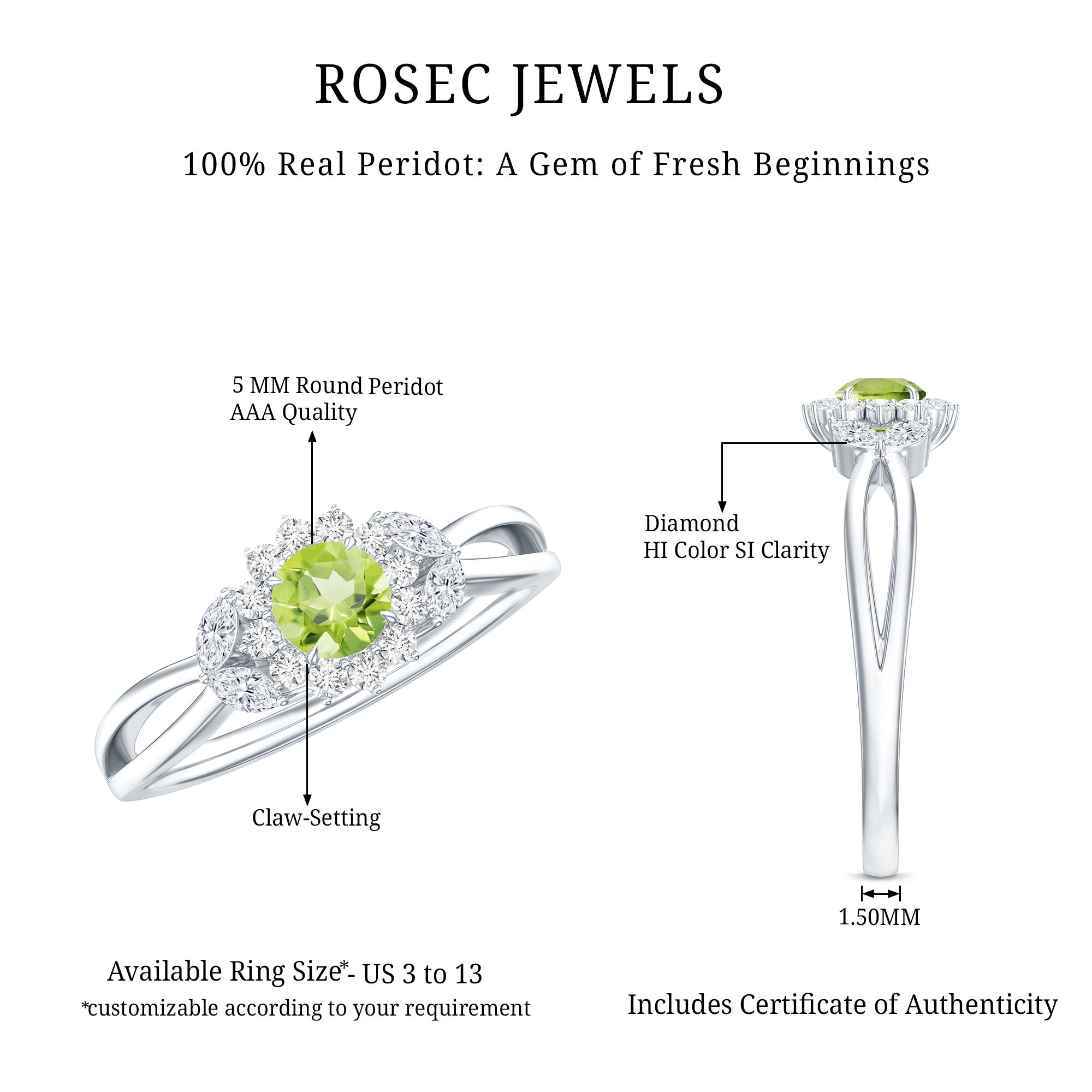 Natural 0.5 Carat Peridot Flower Engagement Ring with Diamond AAA - Rosec Jewels