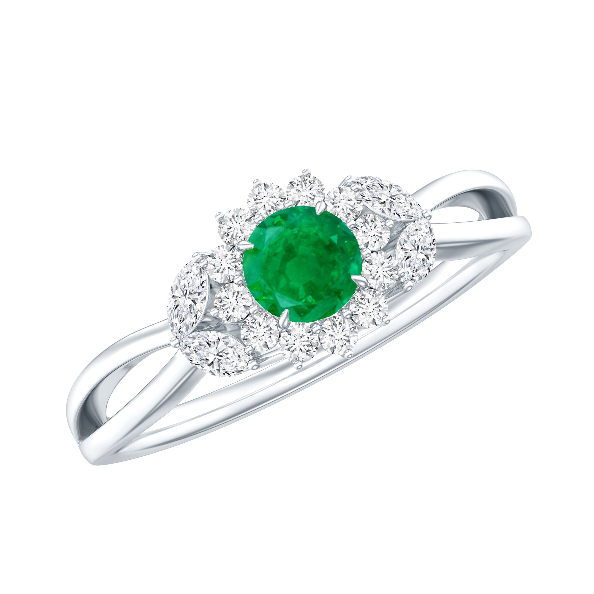 Real Emerald and Diamond Flower Engagement Ring with Split Shank AAA - Rosec Jewels