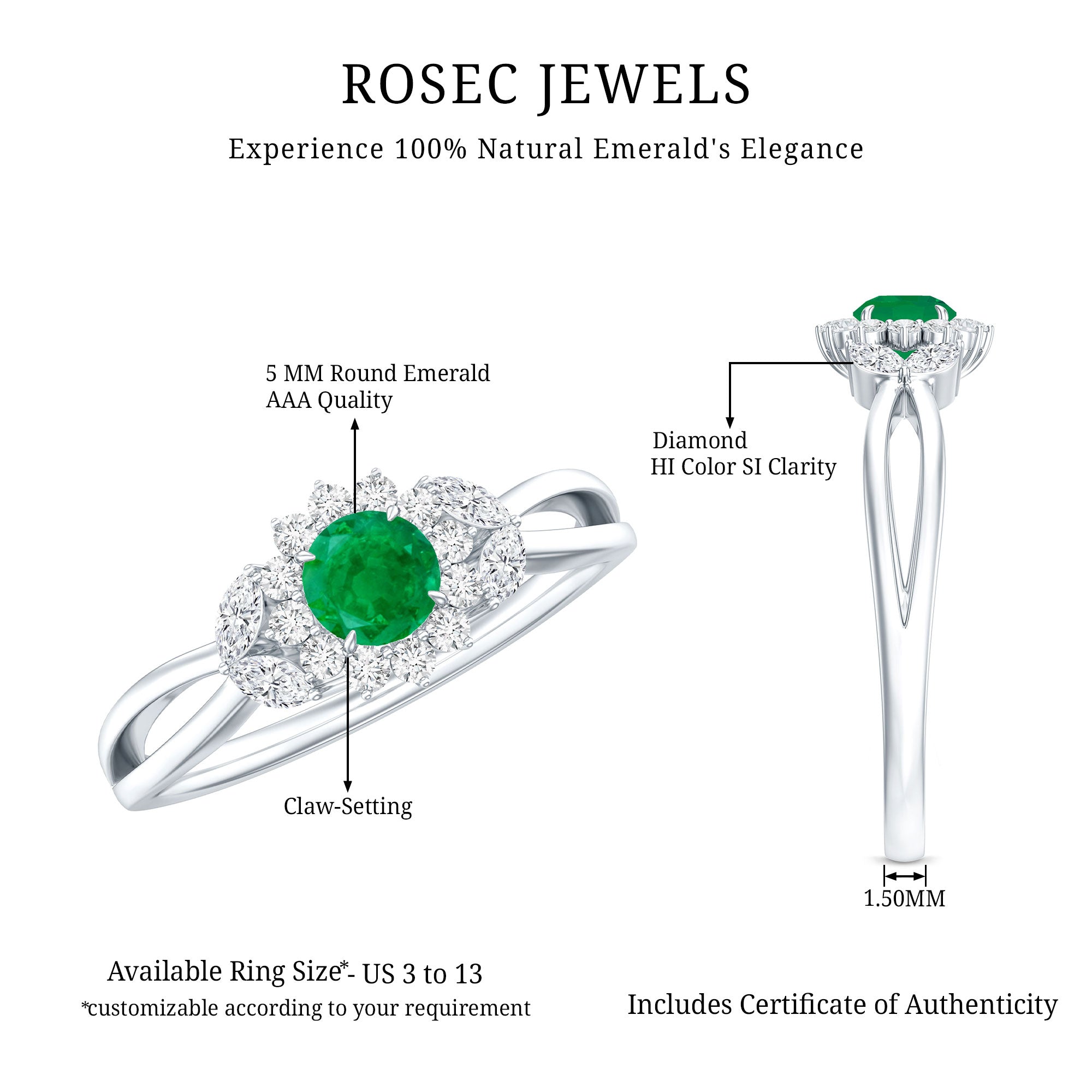 Real Emerald and Diamond Flower Engagement Ring with Split Shank AAA - Rosec Jewels